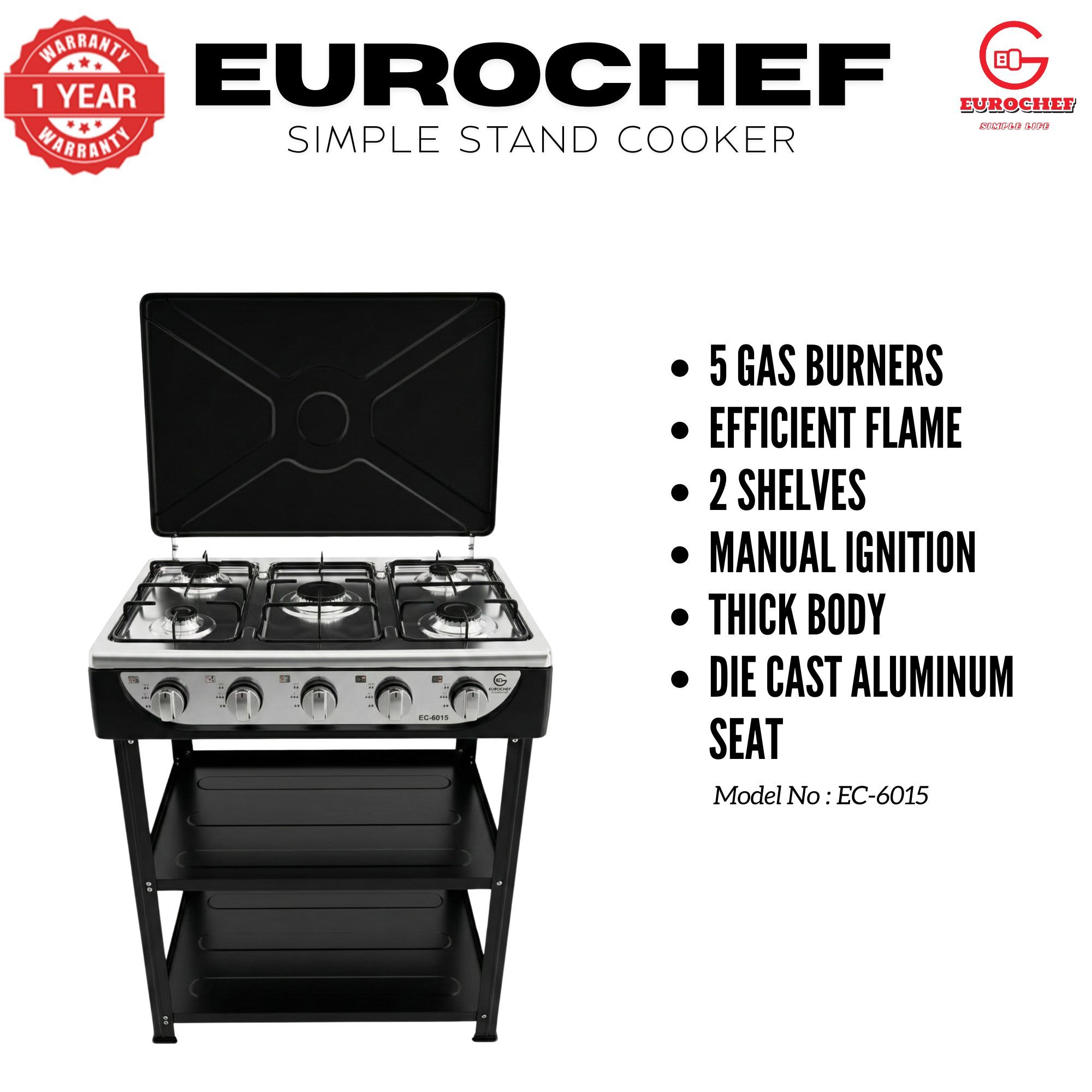 【Exclusive Offer】 EUROCHEF EC-6015  Simple Standing Cooker Full 5 Gas Cooker With Shelves & No Oven