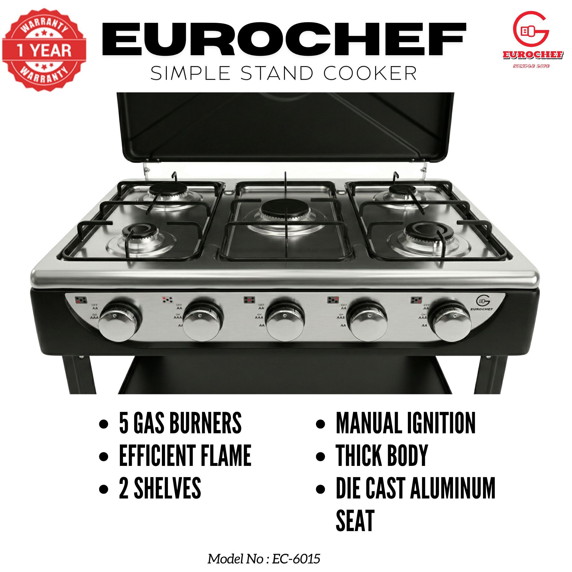 【Exclusive Offer】 EUROCHEF EC-6015  Simple Standing Cooker Full 5 Gas Cooker With Shelves & No Oven