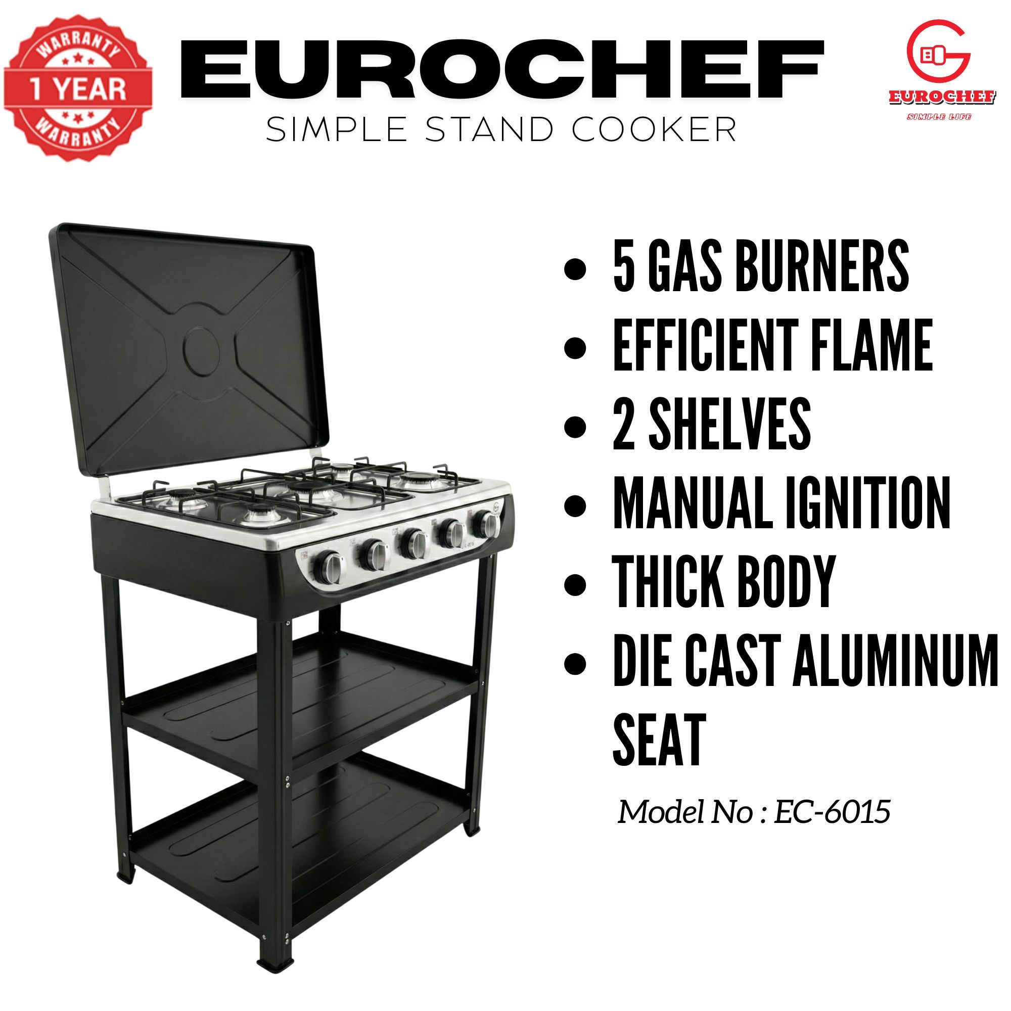 【Exclusive Offer】 EUROCHEF EC-6015  Simple Standing Cooker Full 5 Gas Cooker With Shelves & No Oven