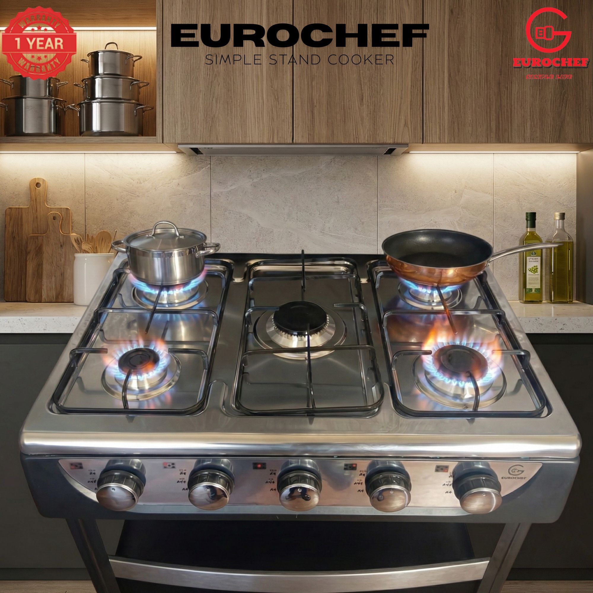 【Exclusive Offer】 EUROCHEF EC-6015  Simple Standing Cooker Full 5 Gas Cooker With Shelves & No Oven