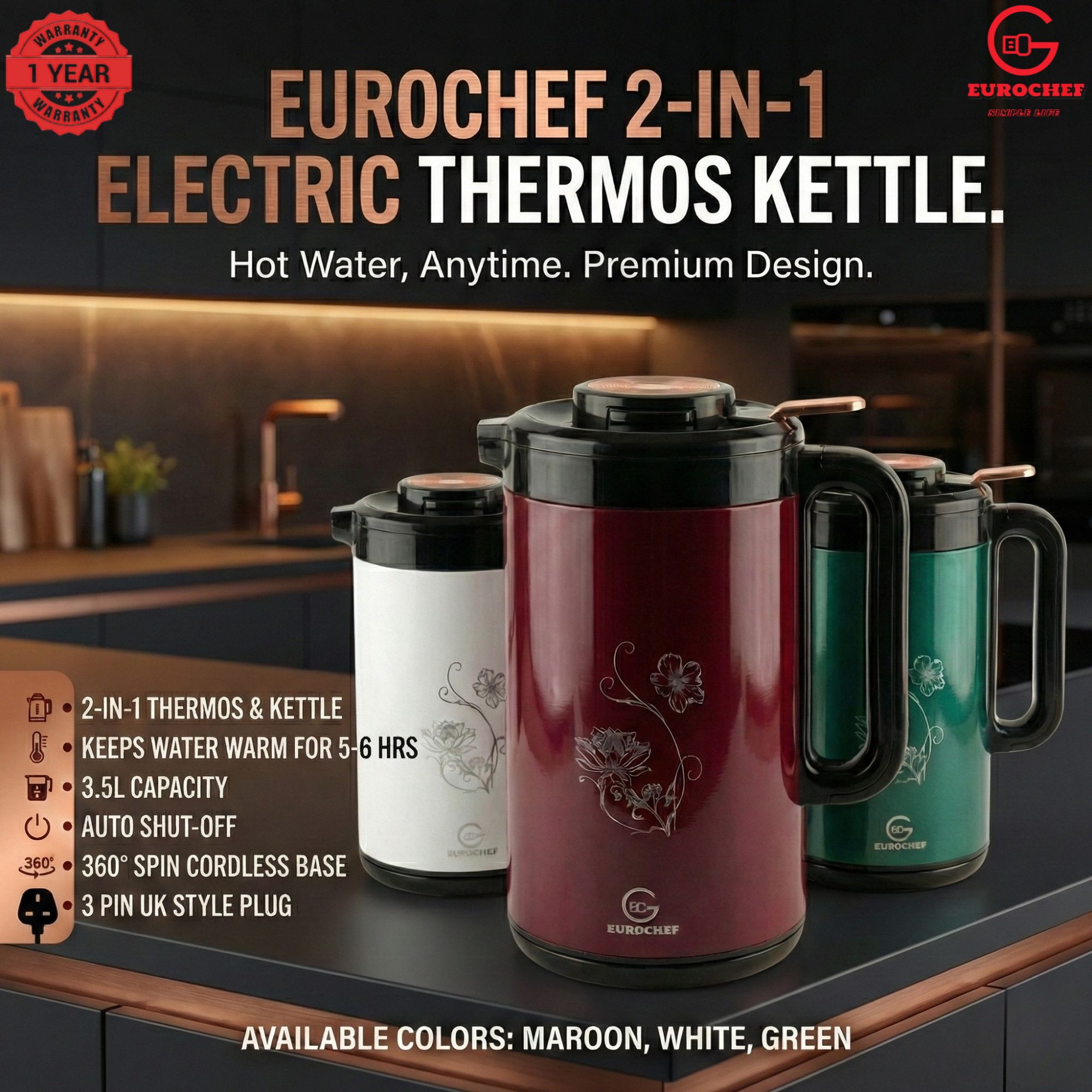 【Limited Offer】 EUROCHEF EC-K53  3.5L 2-in-1 Electric Thermos Kettle & Cordless Water Boiler – Auto Shut-Off