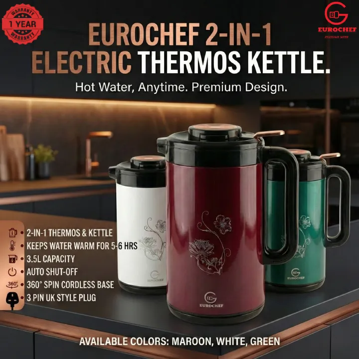 【Limited Offer】 EUROCHEF EC-K53  3.5L 2-in-1 Electric Thermos Kettle & Cordless Water Boiler – Auto Shut-Off