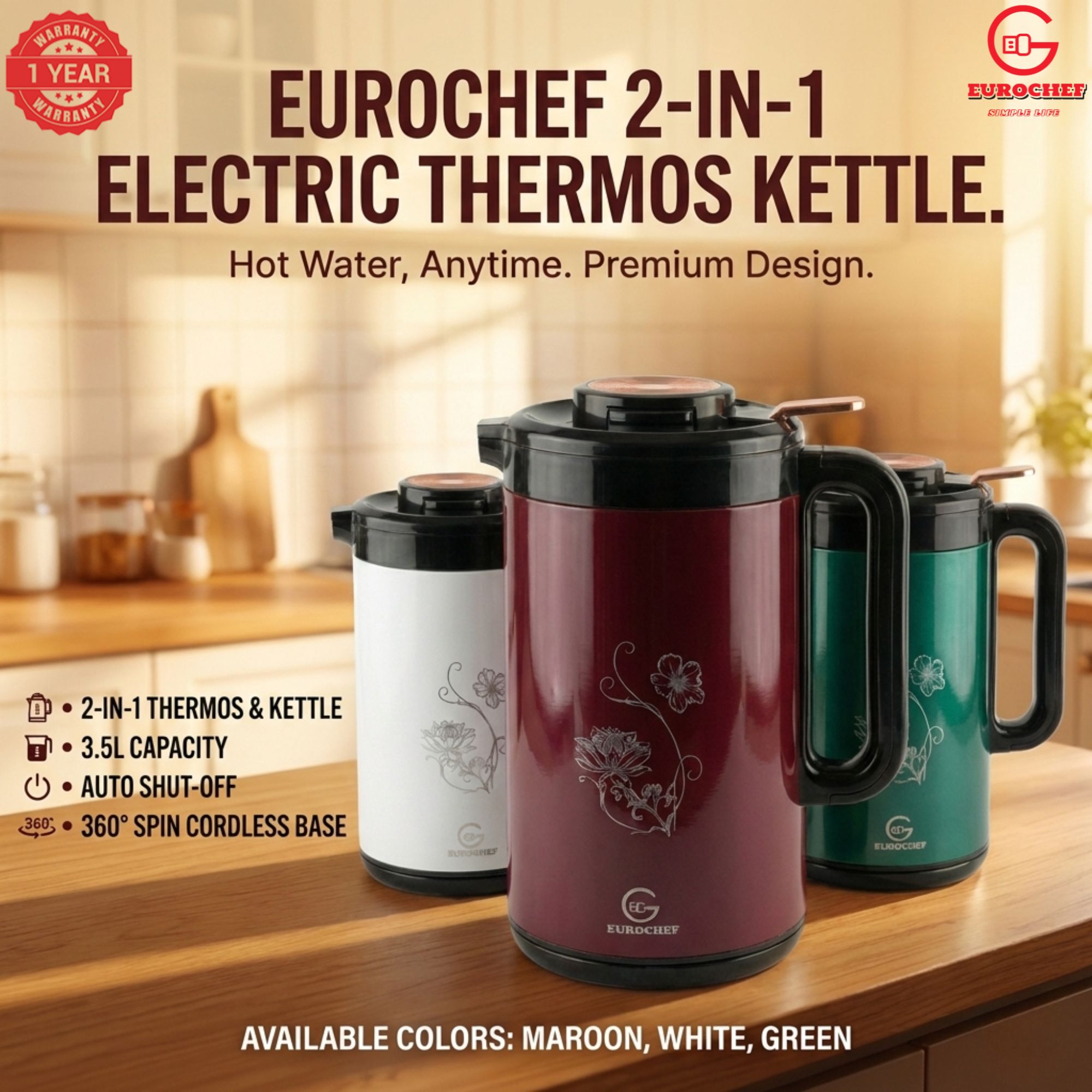 【Limited Offer】 EUROCHEF EC-K53  3.5L 2-in-1 Electric Thermos Kettle & Cordless Water Boiler – Auto Shut-Off