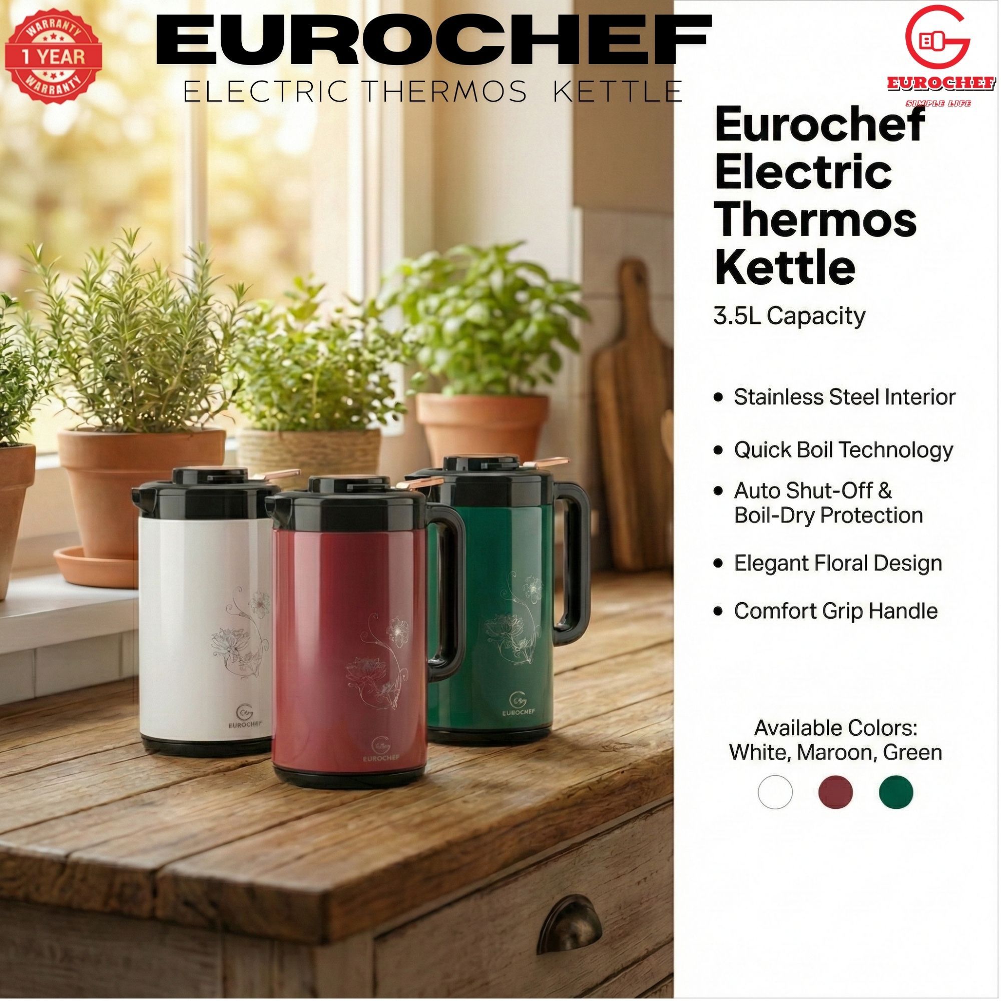 【Limited Offer】 EUROCHEF EC-K53  3.5L 2-in-1 Electric Thermos Kettle & Cordless Water Boiler – Auto Shut-Off