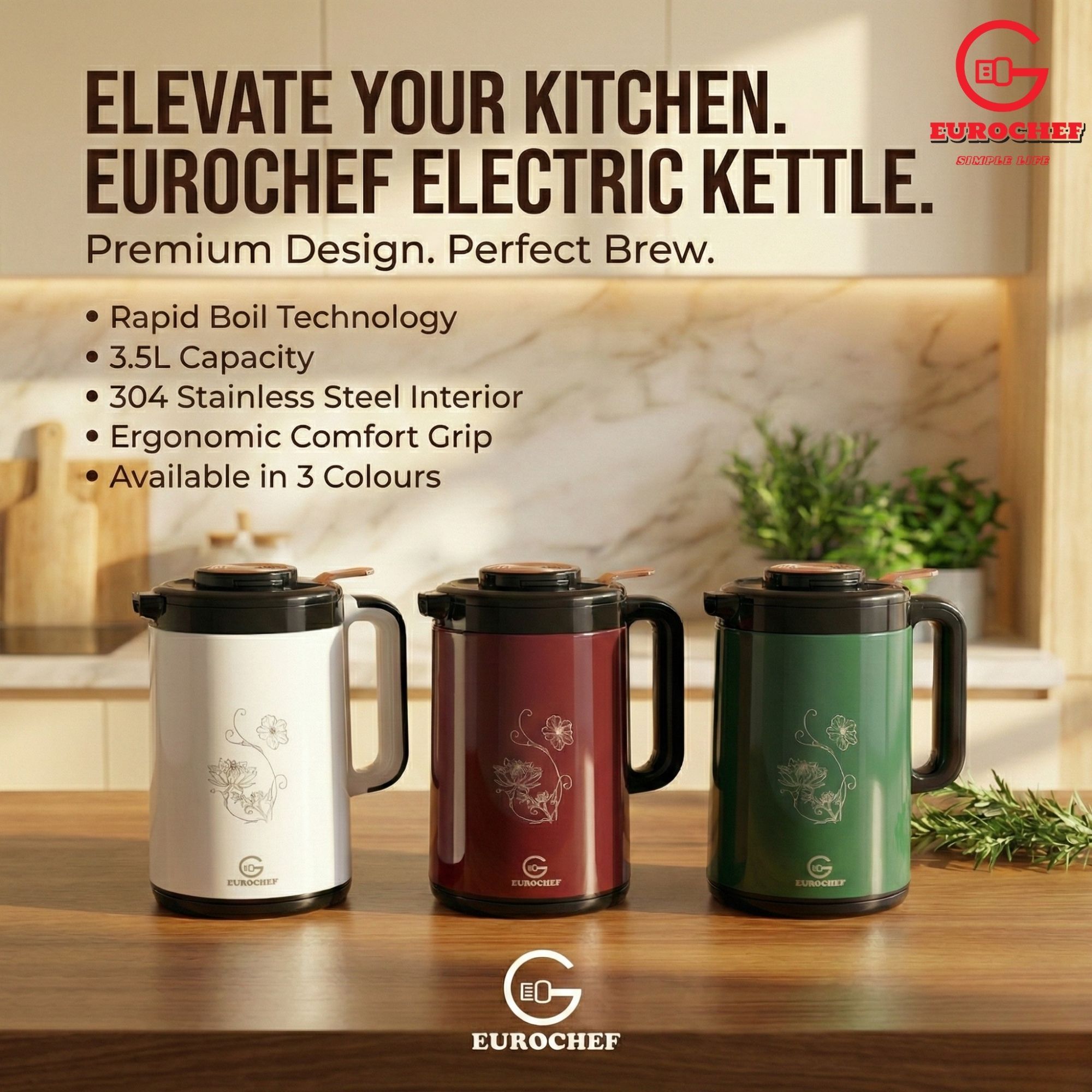 【Limited Offer】 EUROCHEF EC-K53  3.5L 2-in-1 Electric Thermos Kettle & Cordless Water Boiler – Auto Shut-Off