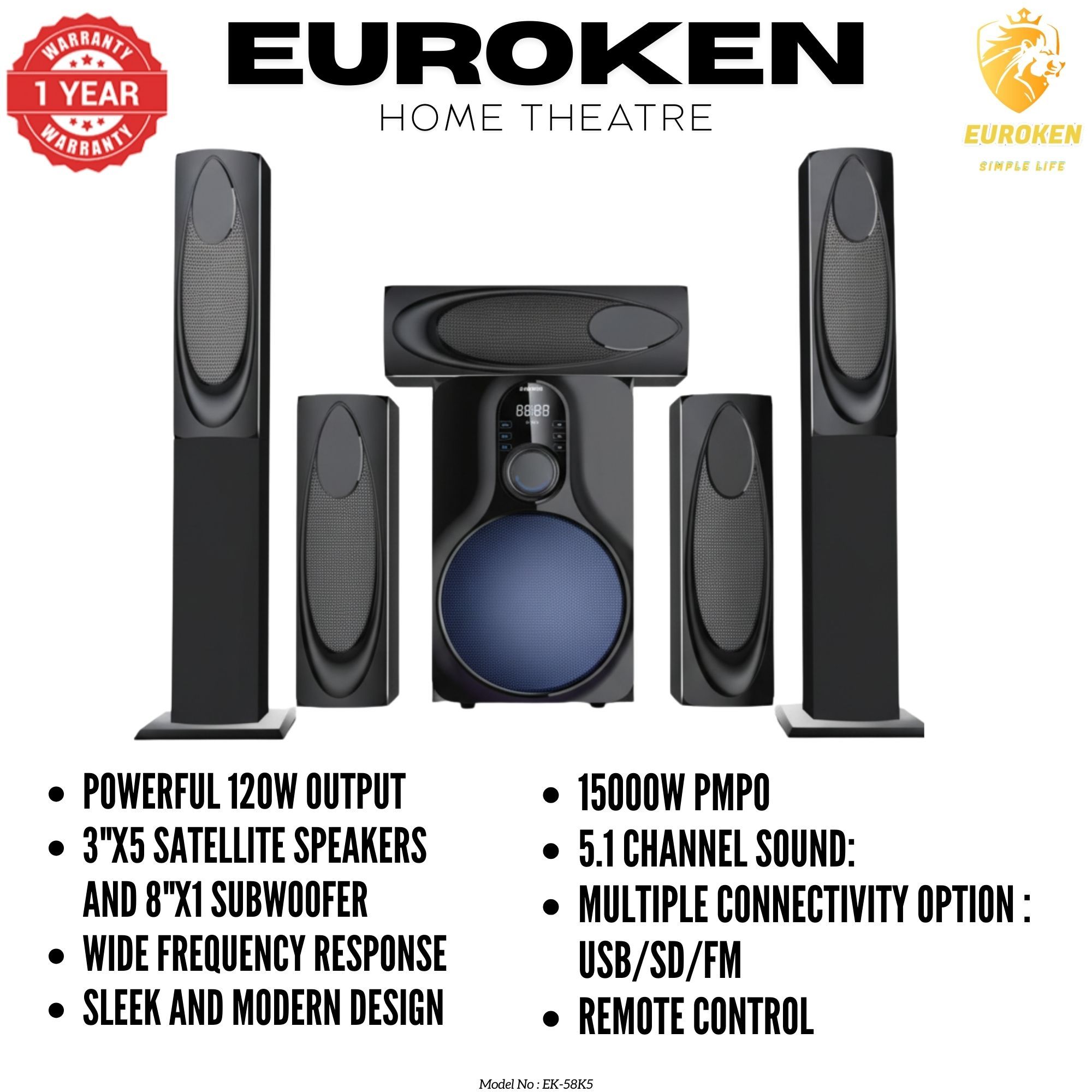 【Limited Offer】New Euroken EK-58K5 Home Theatre System 5 in 1 Tall Boys 15,000 PMPO with Bluetooth ?FM/SD Mem card Support with Super Bass Boost