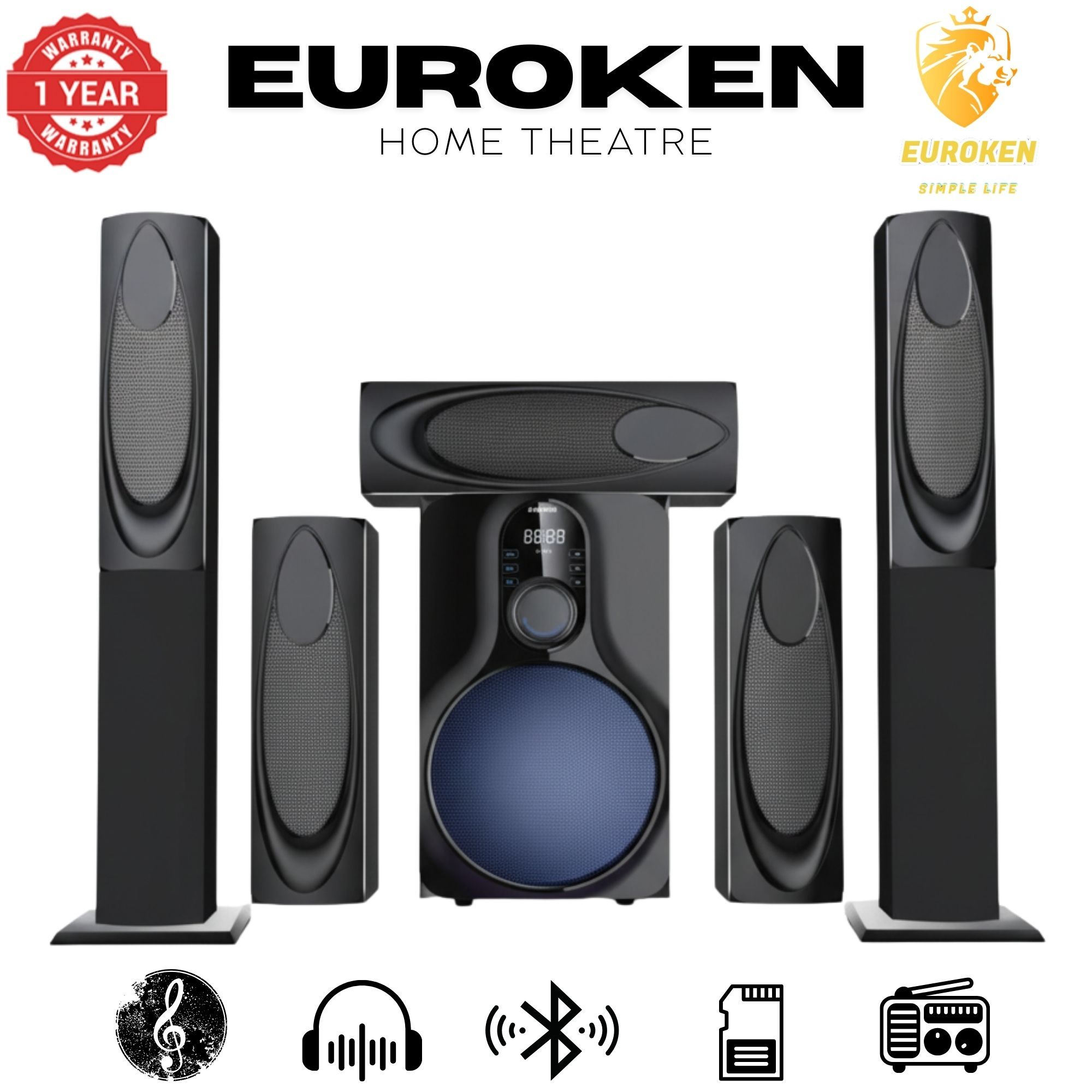 【Limited Offer】New Euroken EK-58K5 Home Theatre System 5 in 1 Tall Boys 15,000 PMPO with Bluetooth ?FM/SD Mem card Support with Super Bass Boost