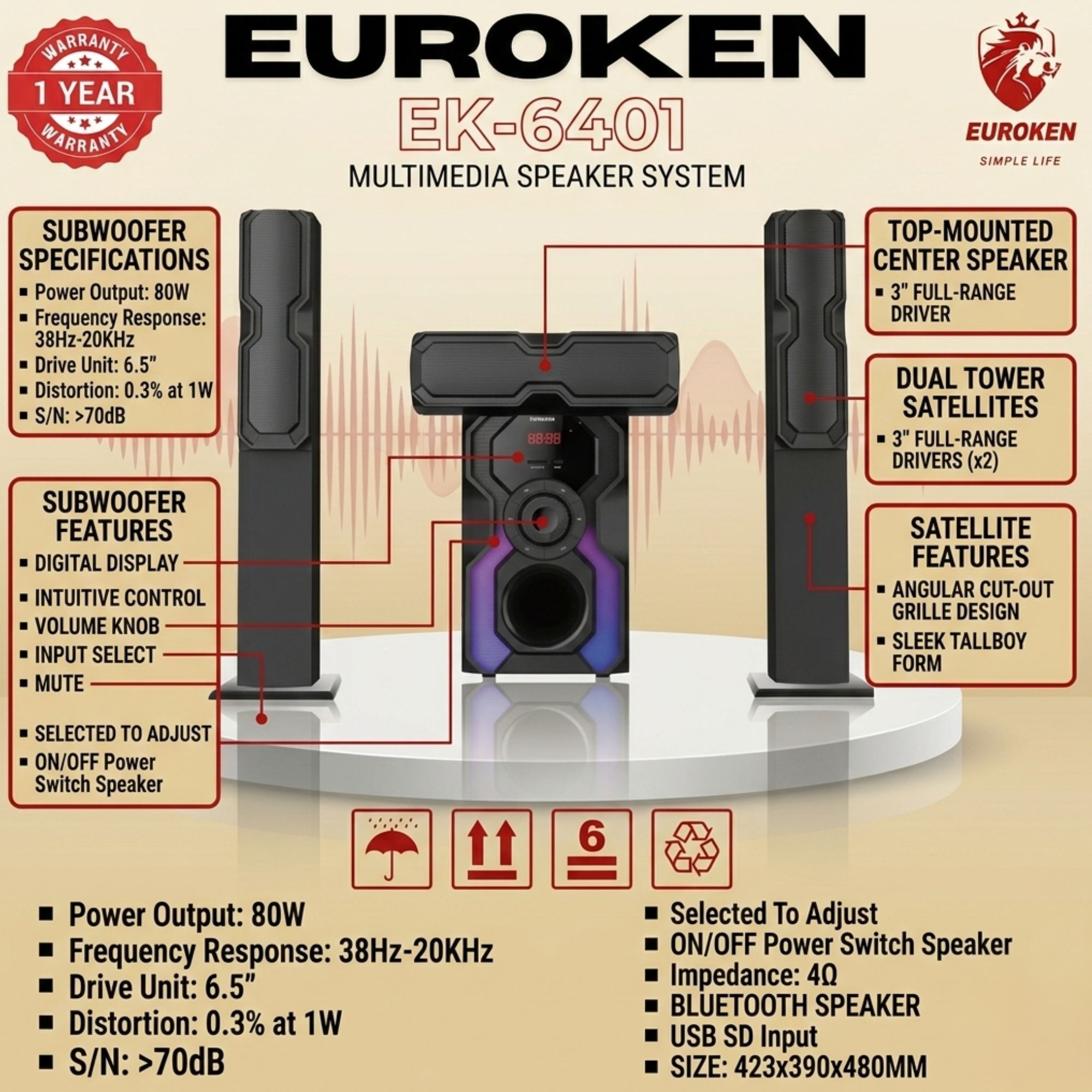 【Limited Offer】 NEW EUROKEN Home Theatre System EK-6401 3 In1 Tall Boy Ac 10,000W PMPO Bluetooth Fm USB SD Mem Card Support