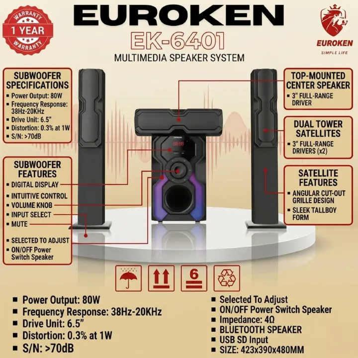 【Limited Offer】 NEW EUROKEN Home Theatre System EK-6401 3 In1 Tall Boy Ac 10,000W PMPO Bluetooth Fm USB SD Mem Card Support