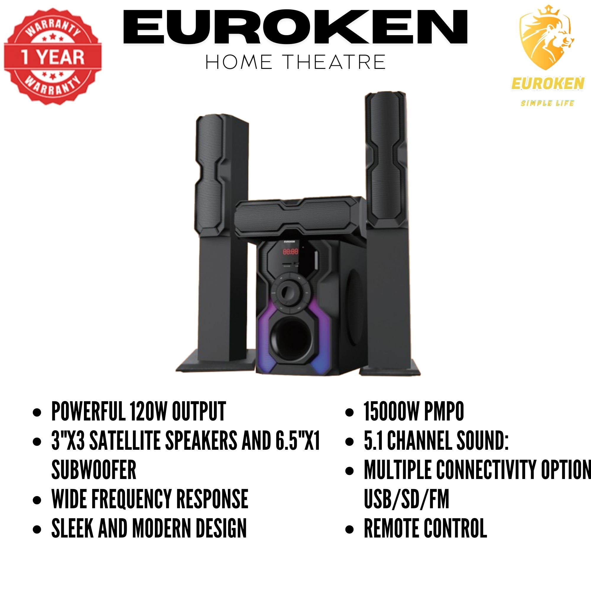 【Limited Offer】 NEW EUROKEN Home Theatre System EK-6401 3 In1 Tall Boy Ac 10,000W PMPO Bluetooth Fm USB SD Mem Card Support