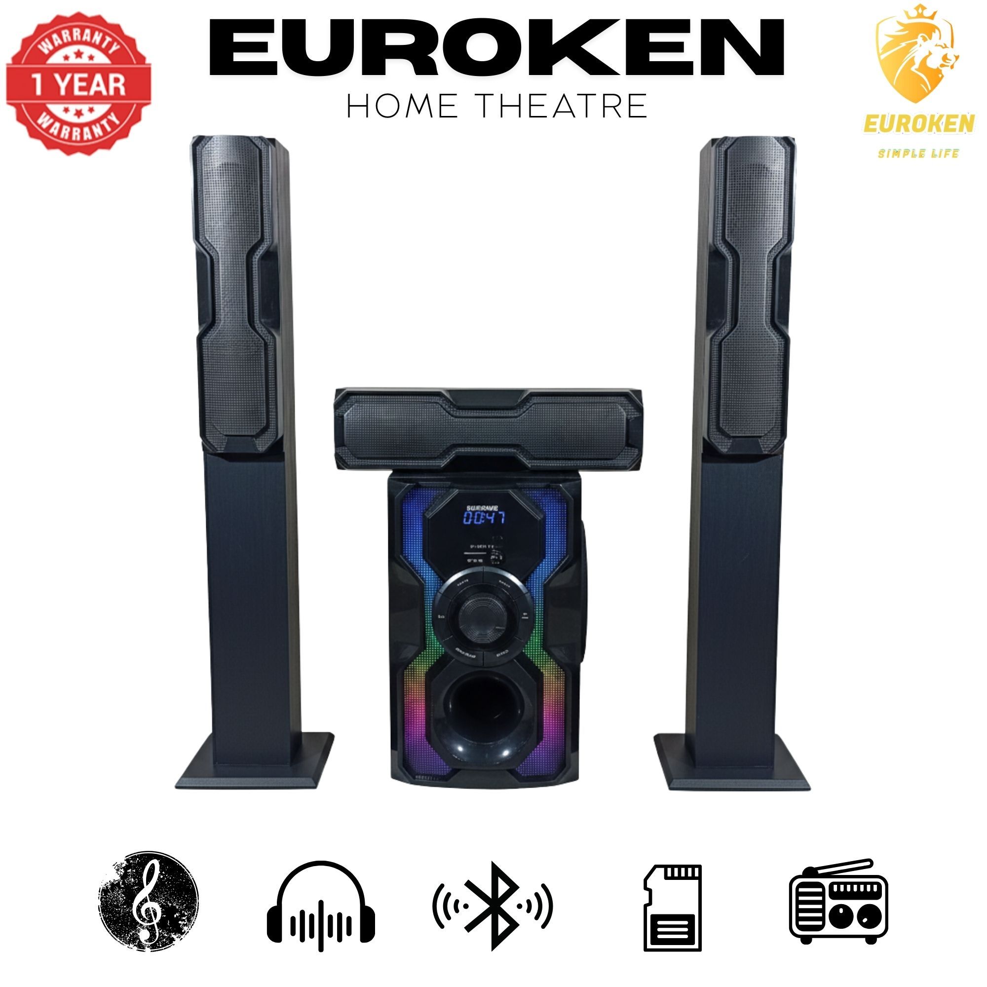 【Limited Offer】 NEW EUROKEN Home Theatre System EK-6401 3 In1 Tall Boy Ac 10,000W PMPO Bluetooth Fm USB SD Mem Card Support