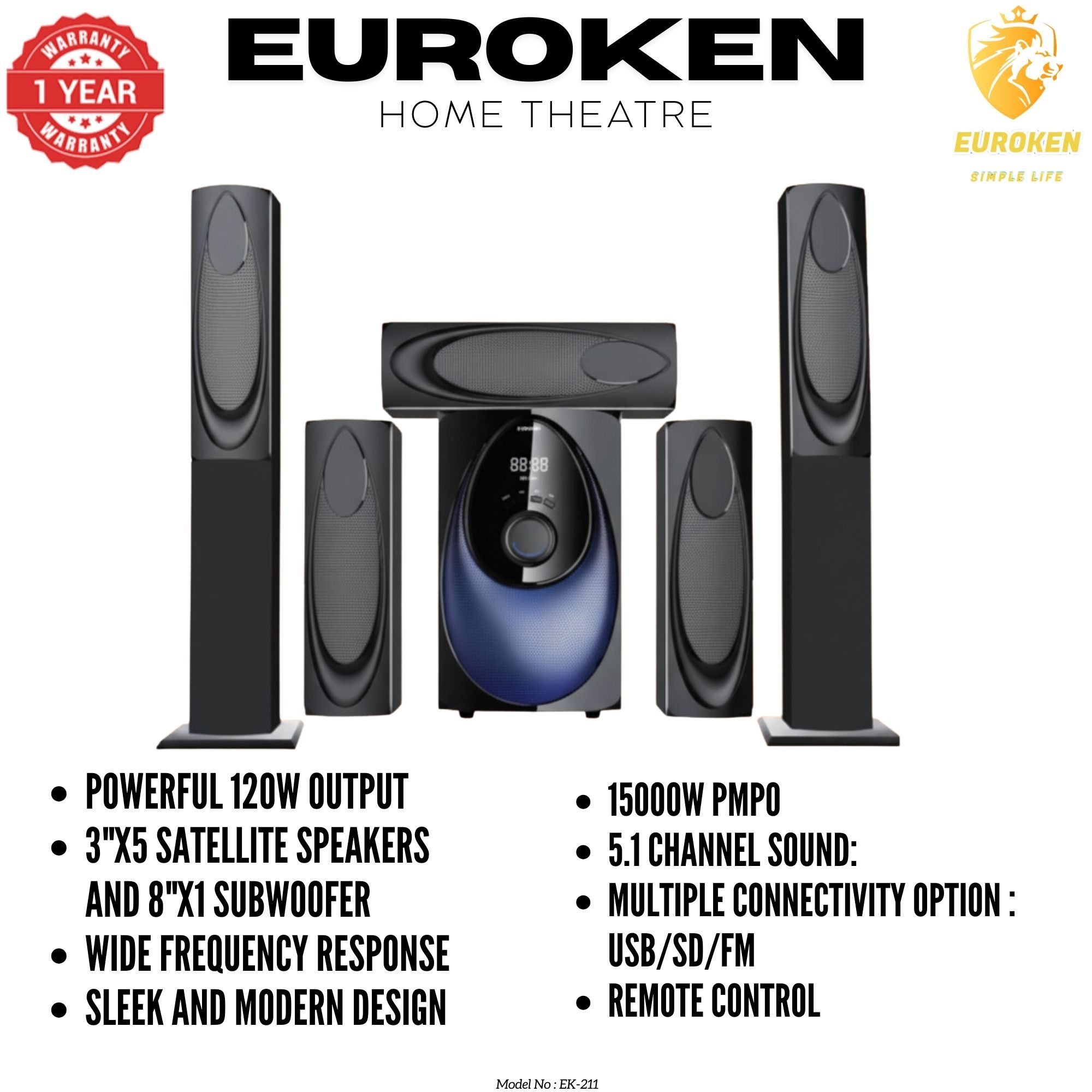 【Limited Offer】New Euroken Home Theatre System EK-211 5 In 1 Tall Boy Ac  12,000W PMPO With Bluetooth FM USB SD Mem Card Support With Super Bass Boost