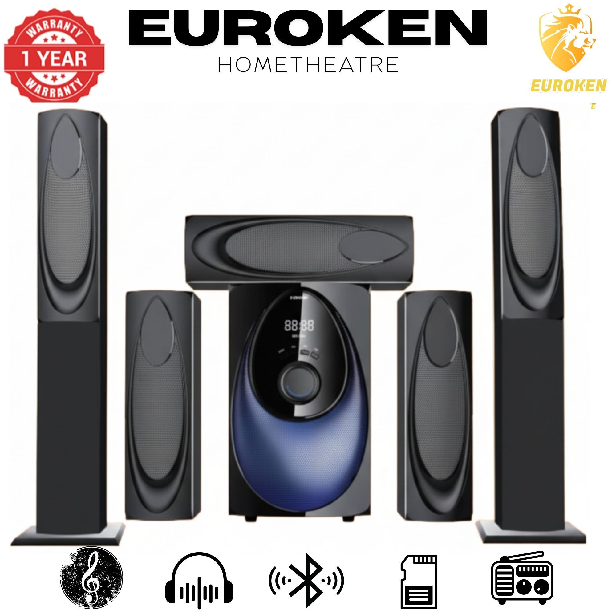 【Limited Offer】New Euroken Home Theatre System EK-211 5 In 1 Tall Boy Ac  12,000W PMPO With Bluetooth FM USB SD Mem Card Support With Super Bass Boost