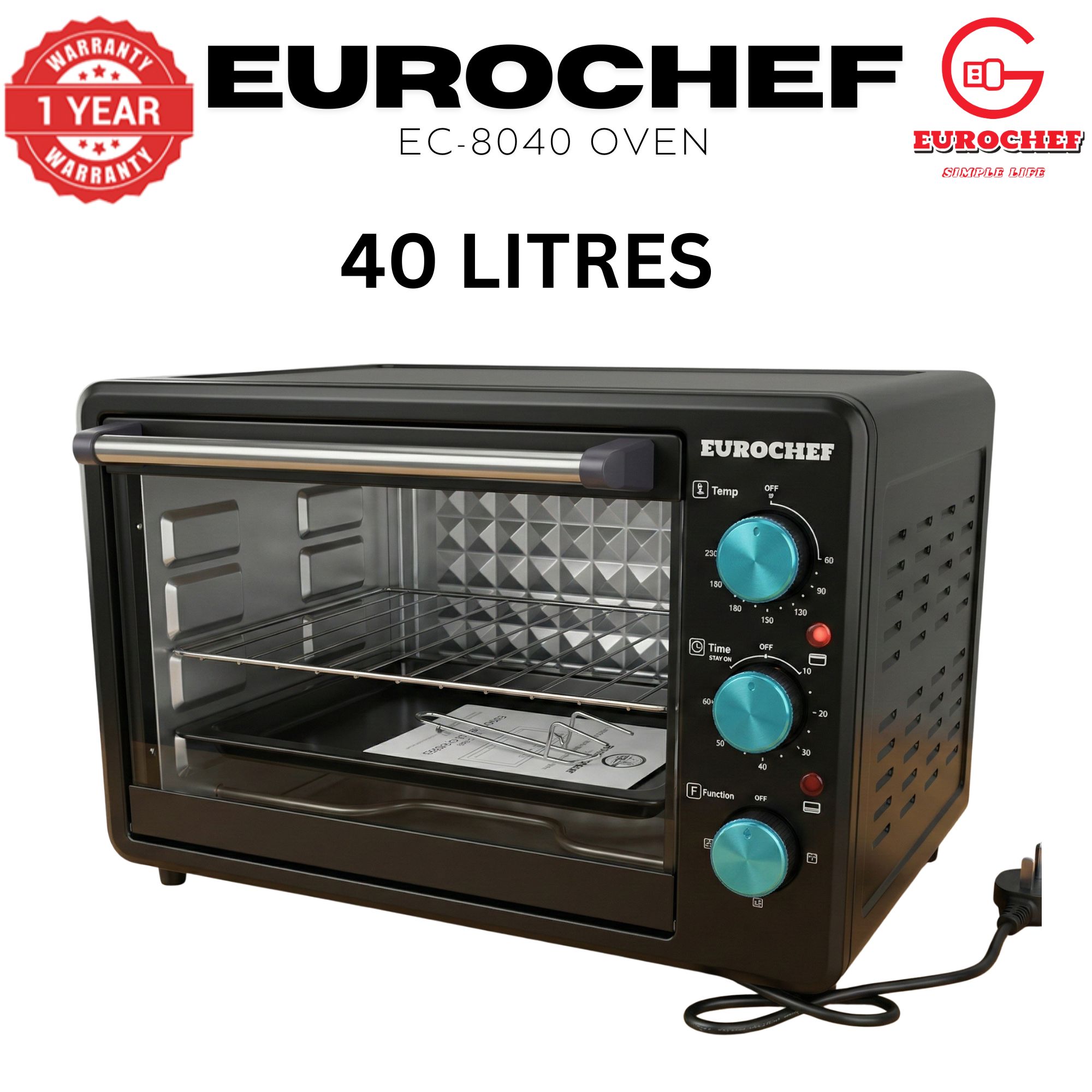 Eurochef EC-8040 Electric Oven - 40 Litres, 1500W - Black + Baking Accessories
