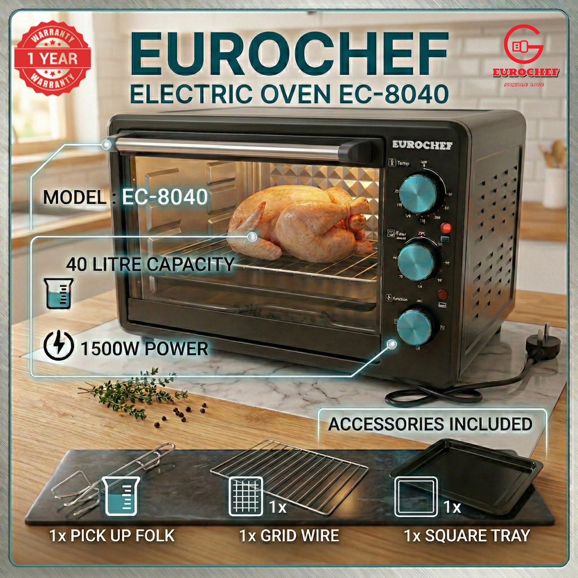 Eurochef EC-8040 Electric Oven - 40 Litres, 1500W - Black + Baking Accessories