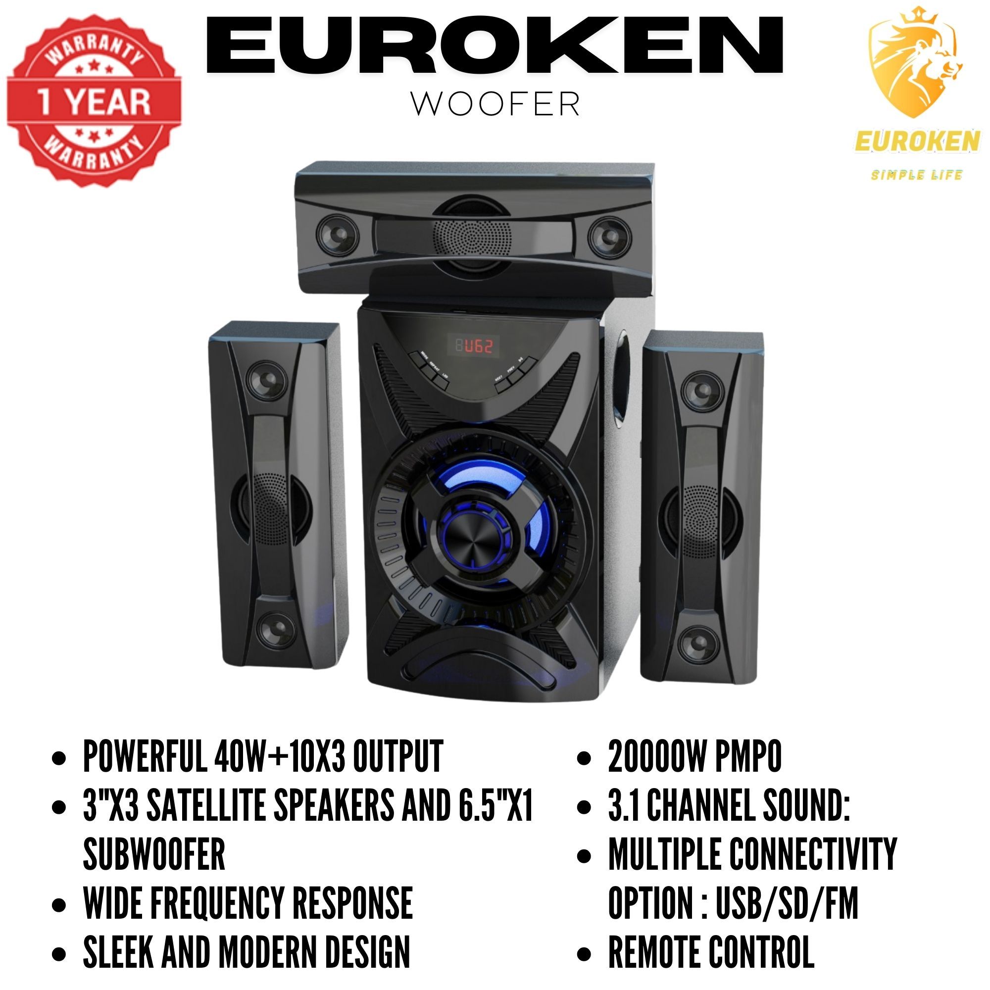 【Exclusive Offer】 NEW EUROKEN EK-611 3.1CH Subwoofer Speaker 20000W PMPO Woofer Home Theatre Audio Speaker System BLUETOOTH/FM/SD/USB With Remote Control