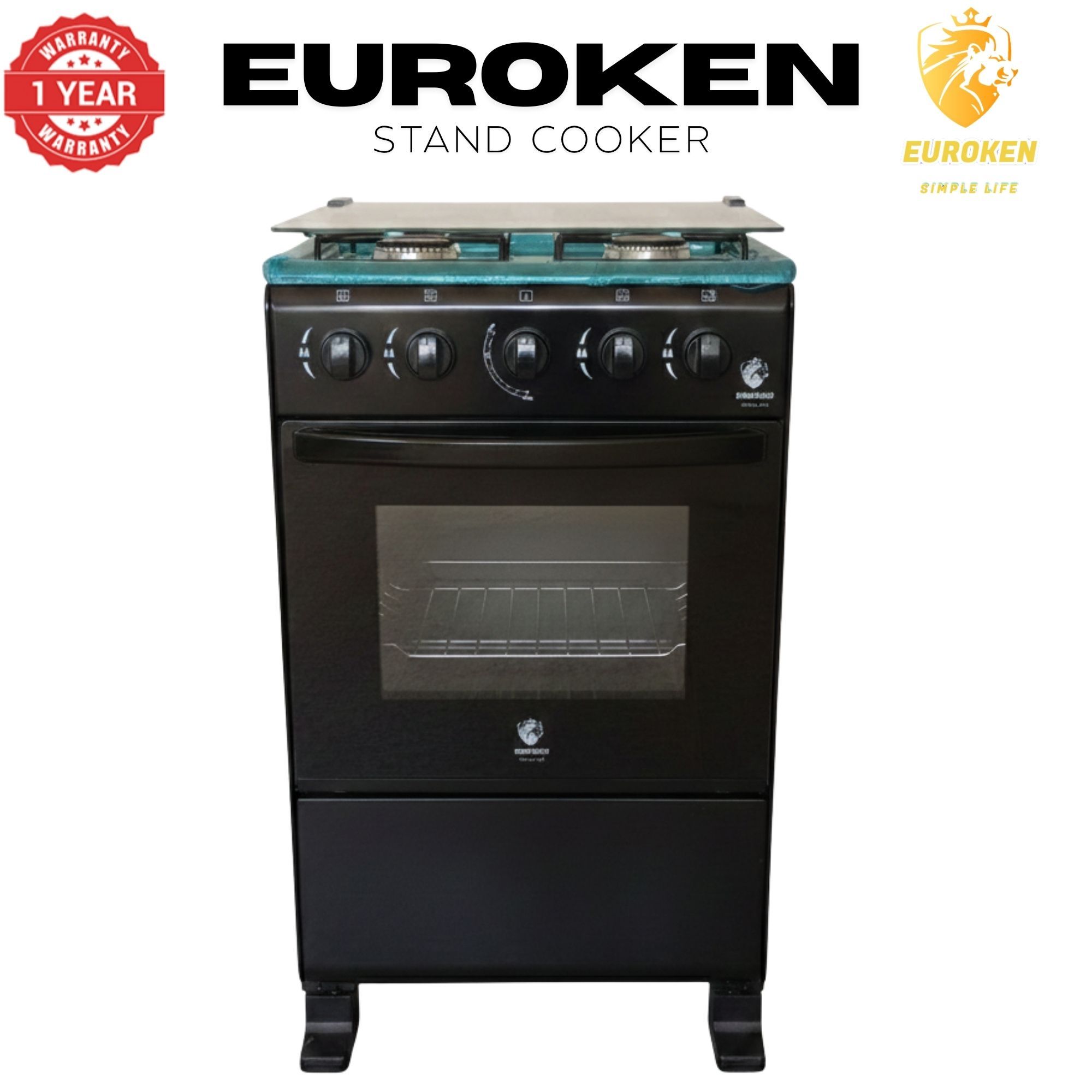 【LIMITED OFFER】Euroken Euro55-4G-G 50L Home Improvement Free Standing Full Gas Cooker Kitchen Appliance With Gas Oven 4 Burners 50X55Cm