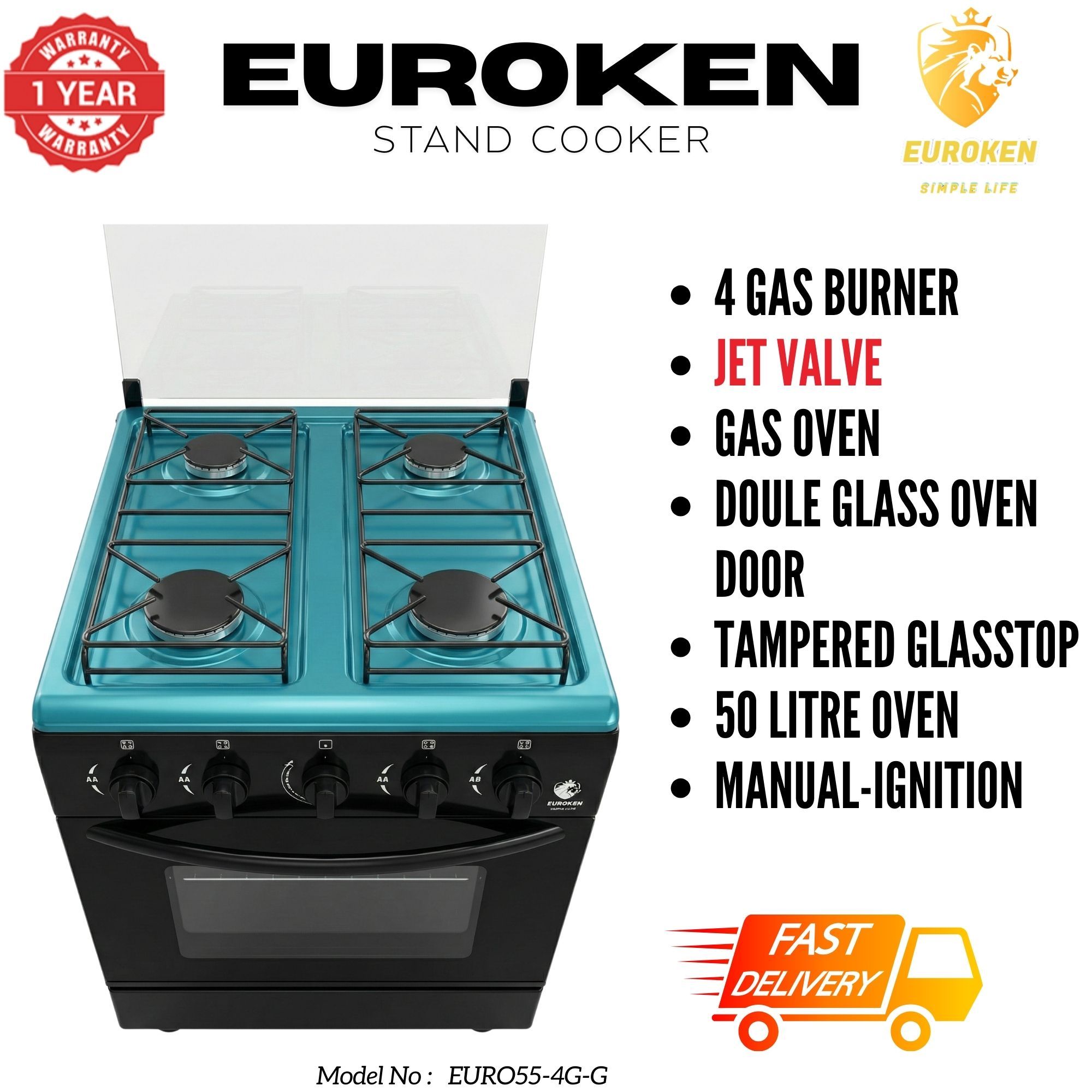 【LIMITED OFFER】Euroken Euro55-4G-G 50L Home Improvement Free Standing Full Gas Cooker Kitchen Appliance With Gas Oven 4 Burners 50X55Cm