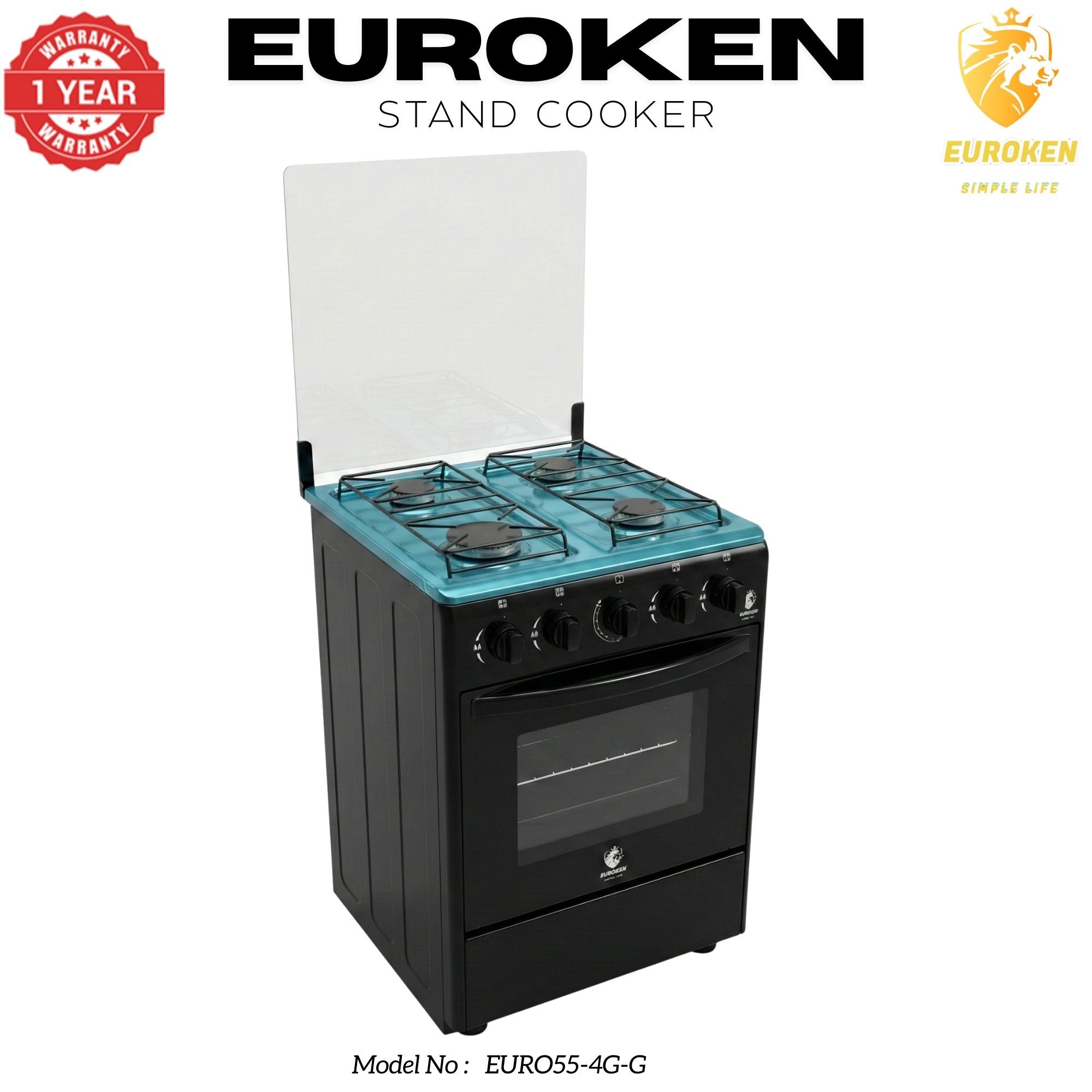 【LIMITED OFFER】Euroken Euro55-4G-G 50L Home Improvement Free Standing Full Gas Cooker Kitchen Appliance With Gas Oven 4 Burners 50X55Cm