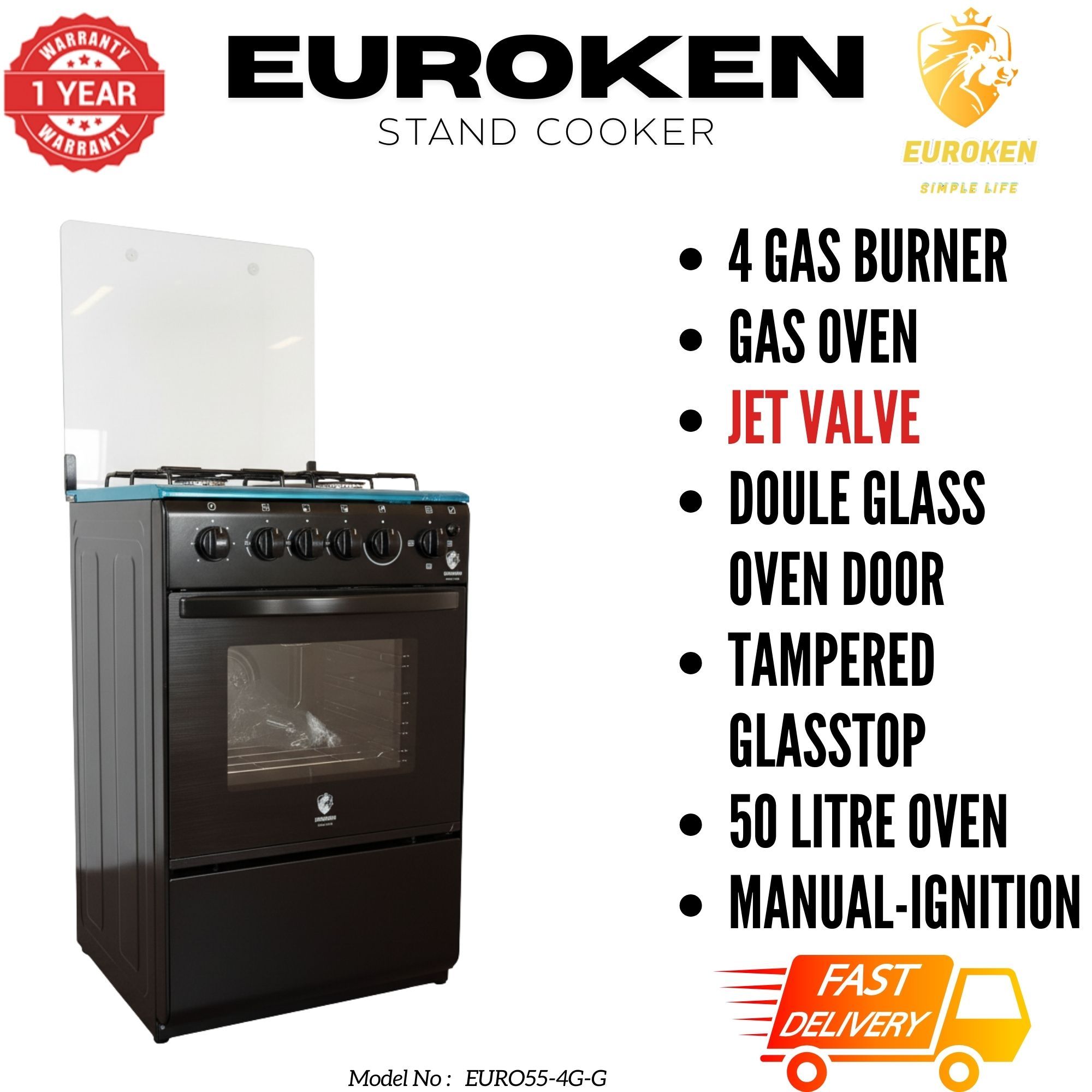【LIMITED OFFER】Euroken Euro55-4G-G 50L Home Improvement Free Standing Full Gas Cooker Kitchen Appliance With Gas Oven 4 Burners 50X55Cm