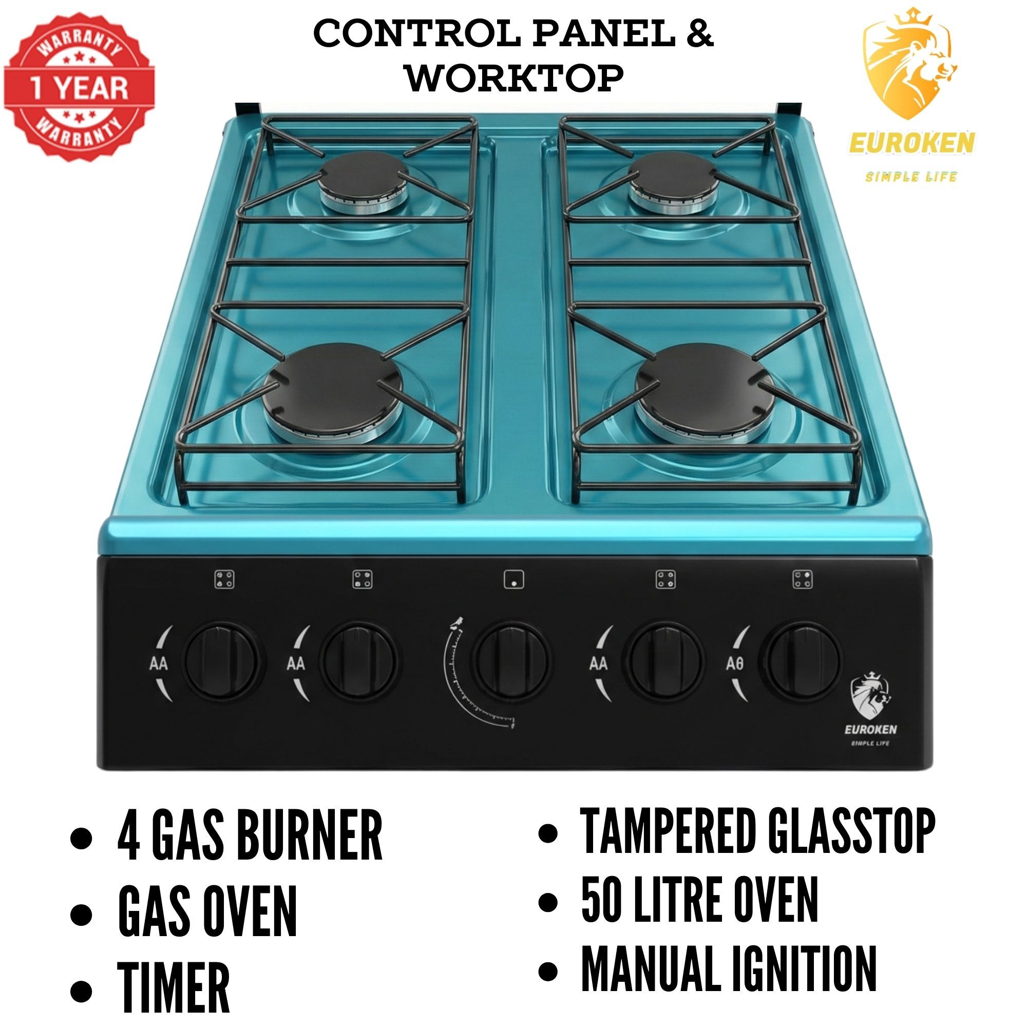 【LIMITED OFFER】Euroken Euro55-4G-G 50L Home Improvement Free Standing Full Gas Cooker Kitchen Appliance With Gas Oven 4 Burners 50X55Cm