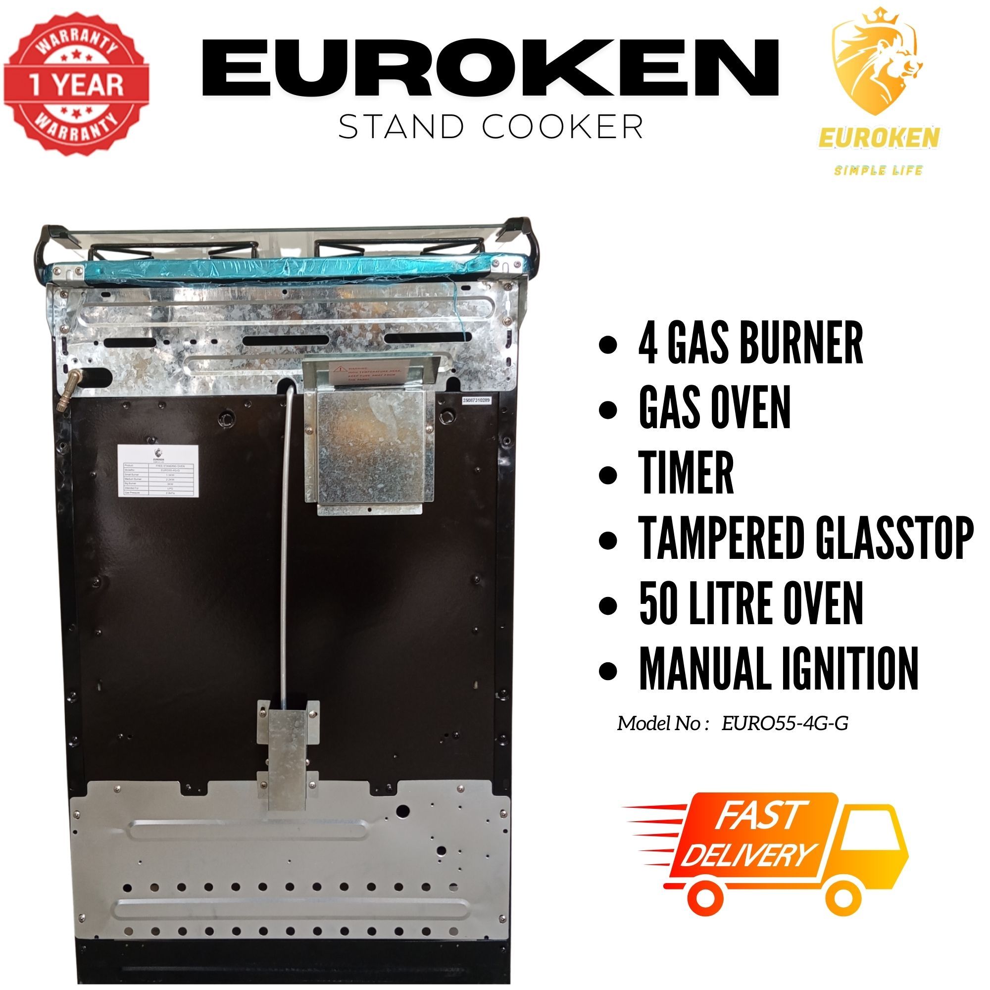 【LIMITED OFFER】Euroken Euro55-4G-G 50L Home Improvement Free Standing Full Gas Cooker Kitchen Appliance With Gas Oven 4 Burners 50X55Cm