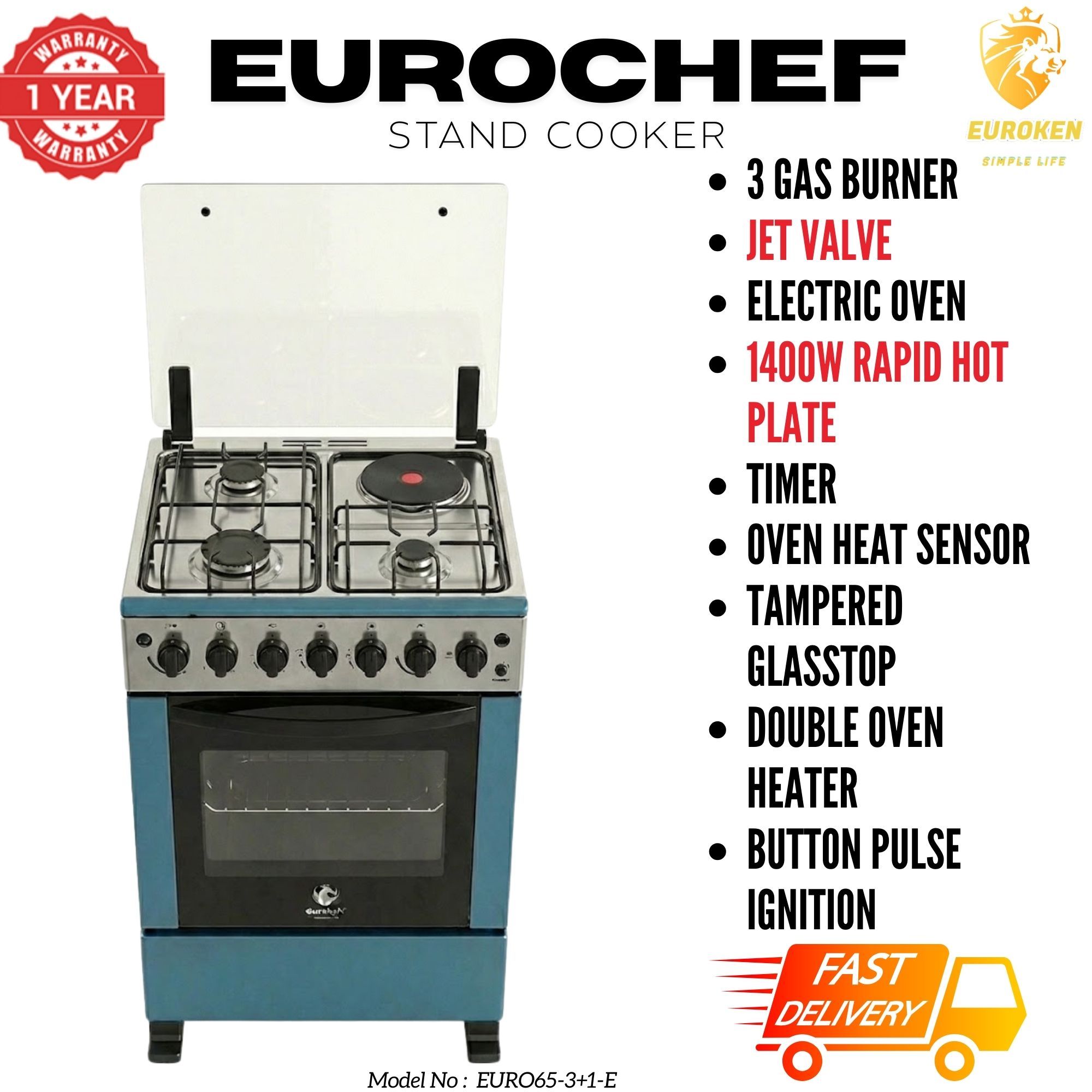 【LIMITED OFFER】 Euroken Euro65-3+1E-E  60l Home Improvement  Free Standing Cooker  3 Gas +1 Hotplate Kitchen Appliance With Electric Oven - 60x65cm