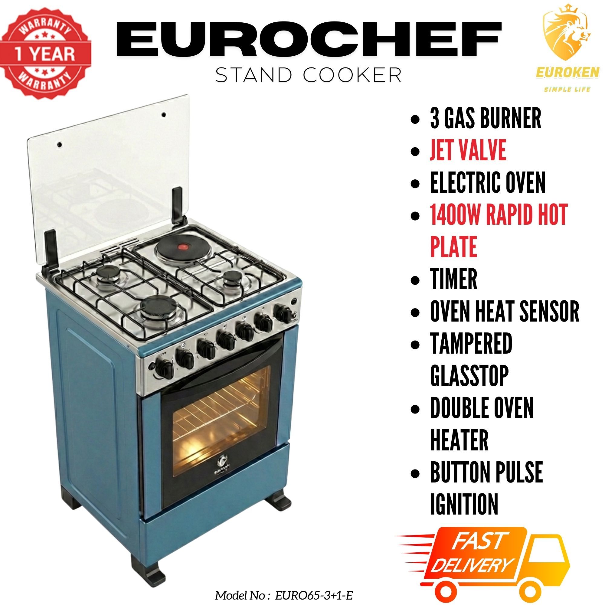 【LIMITED OFFER】 Euroken Euro65-3+1E-E  60l Home Improvement  Free Standing Cooker  3 Gas +1 Hotplate Kitchen Appliance With Electric Oven - 60x65cm