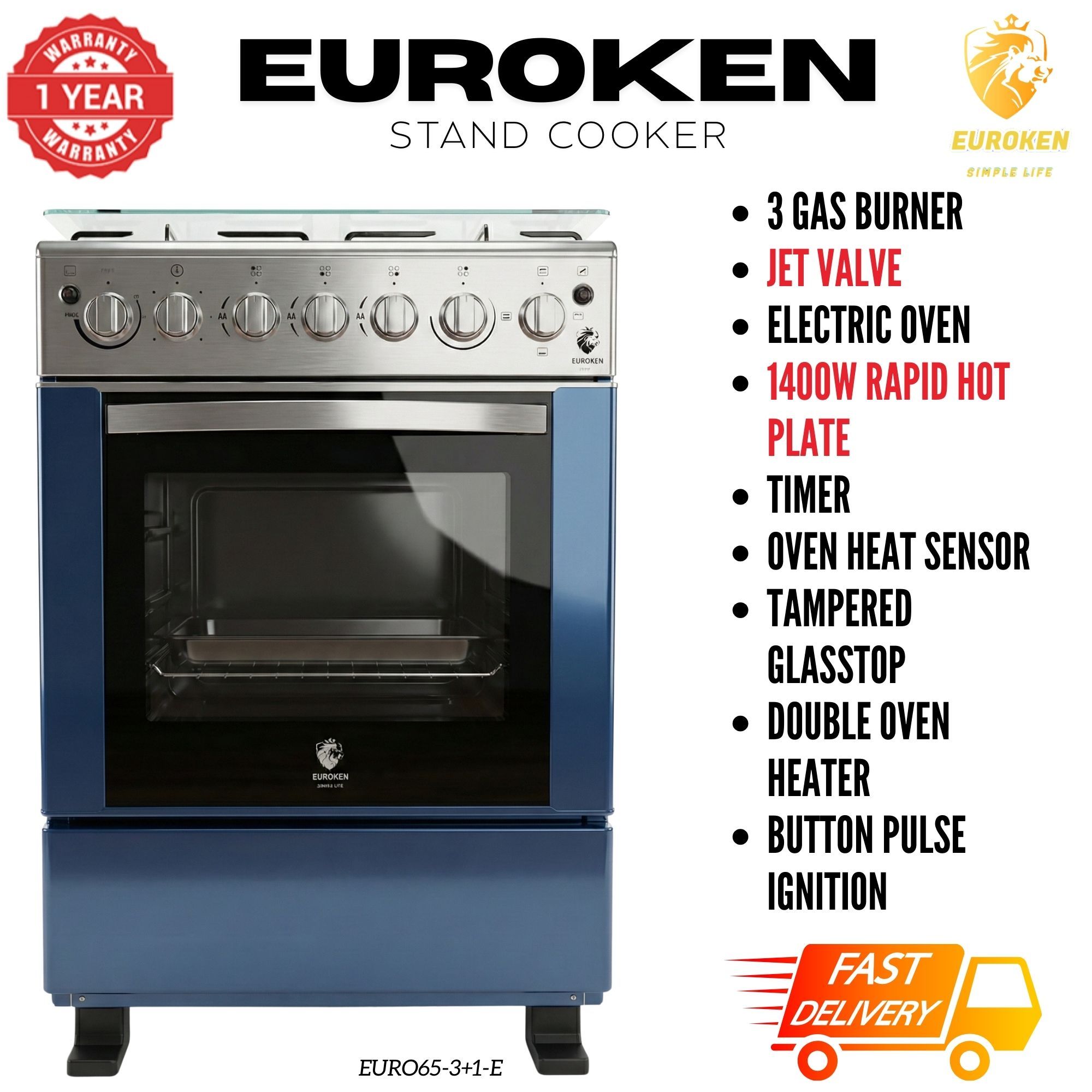 【LIMITED OFFER】 Euroken Euro65-3+1E-E  60l Home Improvement  Free Standing Cooker  3 Gas +1 Hotplate Kitchen Appliance With Electric Oven - 60x65cm