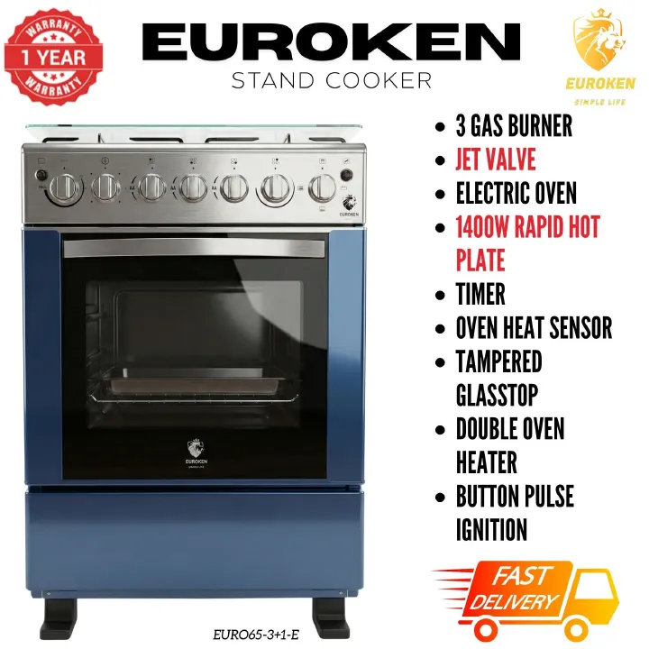 【LIMITED OFFER】 Euroken Euro65-3+1E-E  60l Home Improvement  Free Standing Cooker  3 Gas +1 Hotplate Kitchen Appliance With Electric Oven - 60x65cm