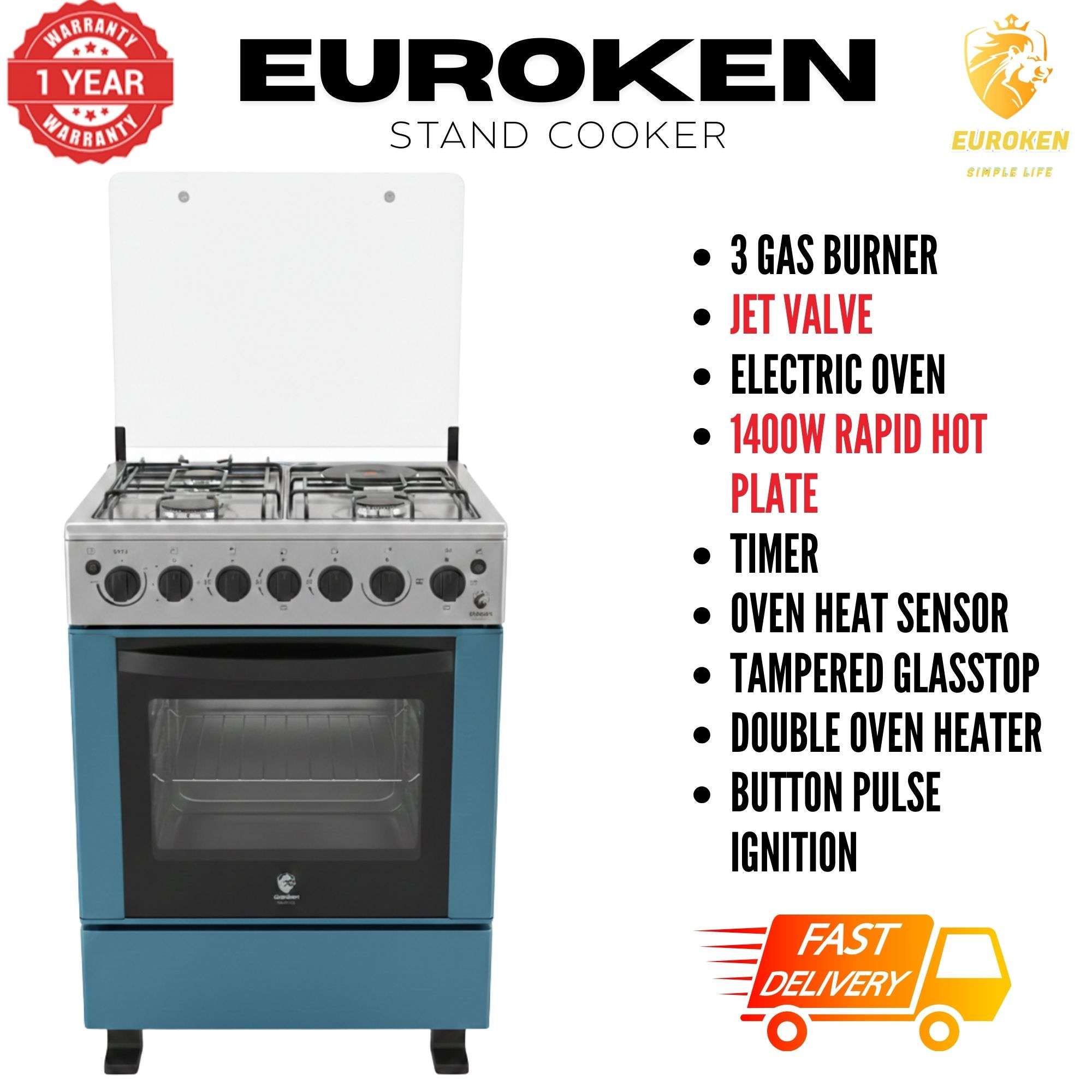 【LIMITED OFFER】 Euroken Euro65-3+1E-E  60l Home Improvement  Free Standing Cooker  3 Gas +1 Hotplate Kitchen Appliance With Electric Oven - 60x65cm