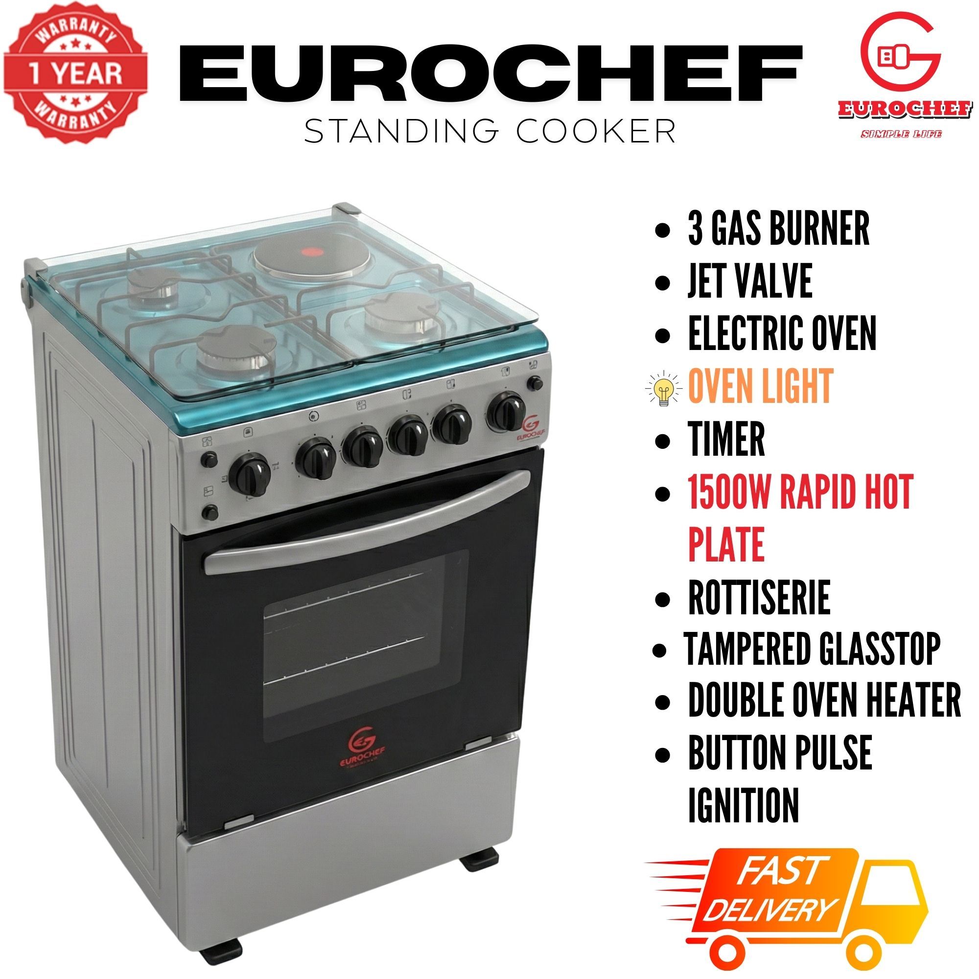 【LIMITED OFFER】 Eurochef EGT55-3G1E-E  55L Home Improvement  Free standing Gas Cooker  3 GAS + 1 Hot Plate  Kitchen appliance with electric oven