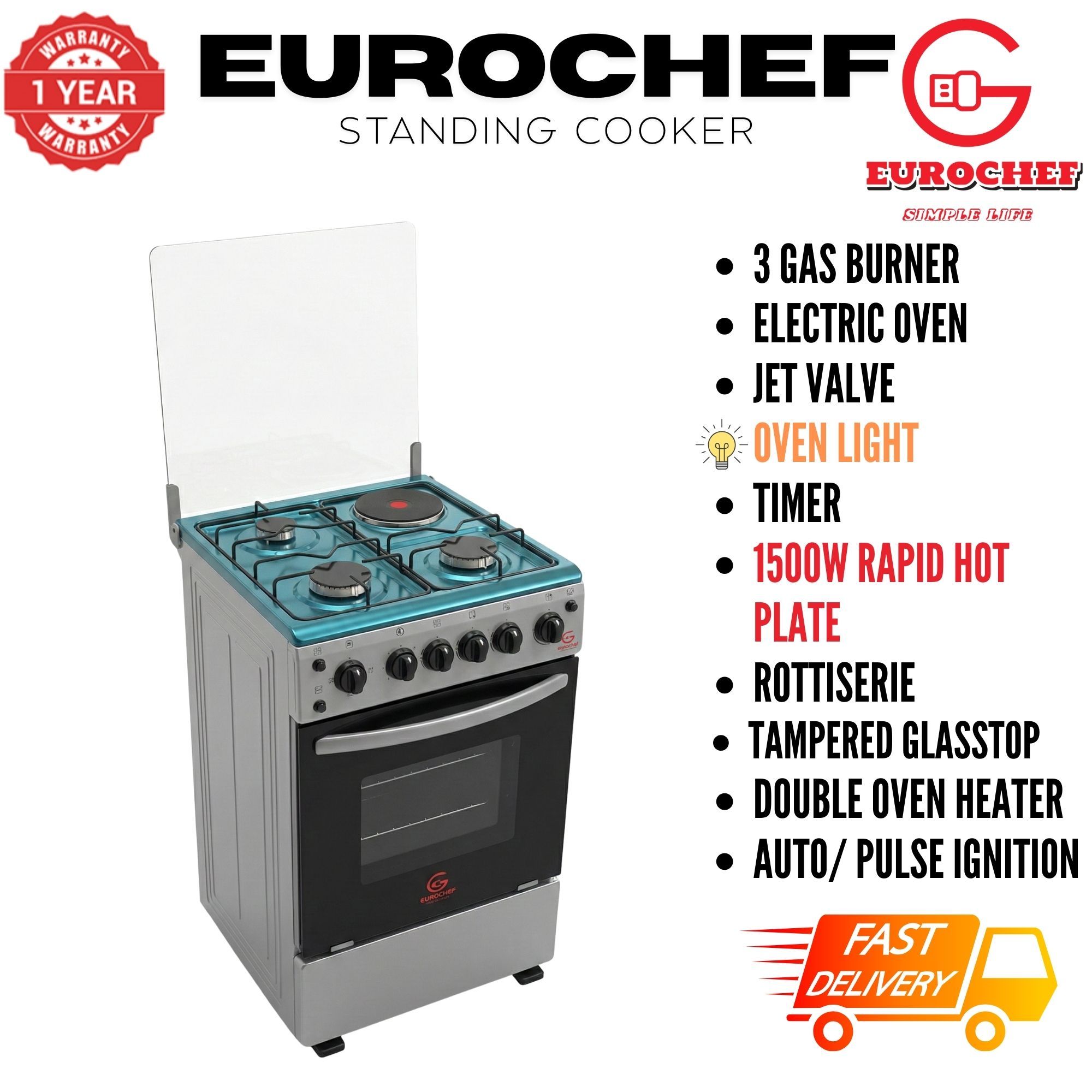 【LIMITED OFFER】 Eurochef EGT55-3G1E-E  55L Home Improvement  Free standing Gas Cooker  3 GAS + 1 Hot Plate  Kitchen appliance with electric oven