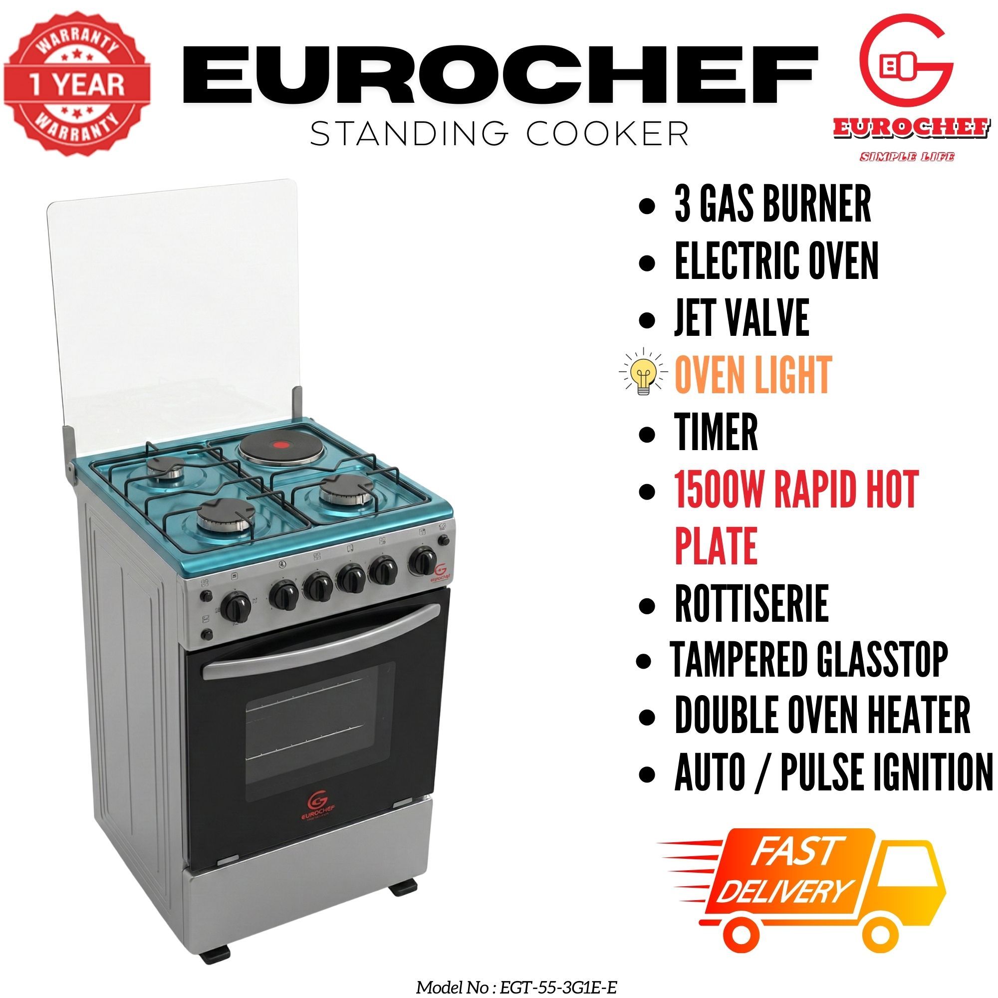 【LIMITED OFFER】 Eurochef EGT55-3G1E-E  55L Home Improvement  Free standing Gas Cooker  3 GAS + 1 Hot Plate  Kitchen appliance with electric oven