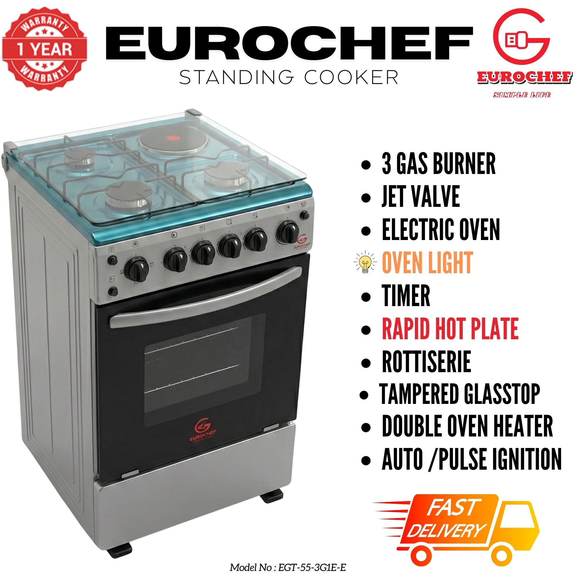 【LIMITED OFFER】 Eurochef EGT55-3G1E-E  55L Home Improvement  Free standing Gas Cooker  3 GAS + 1 Hot Plate  Kitchen appliance with electric oven