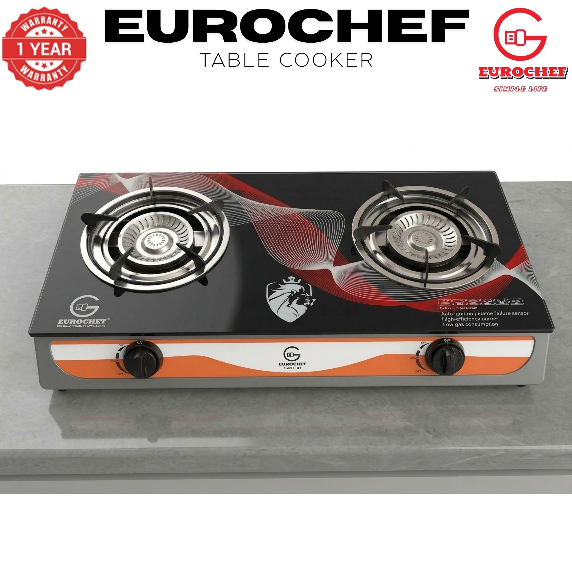 【Limited Offer】EUROCHEF ST-B002L Tornado Design Burner Two Burner Glass Top Table Gas Cooker -BLACK