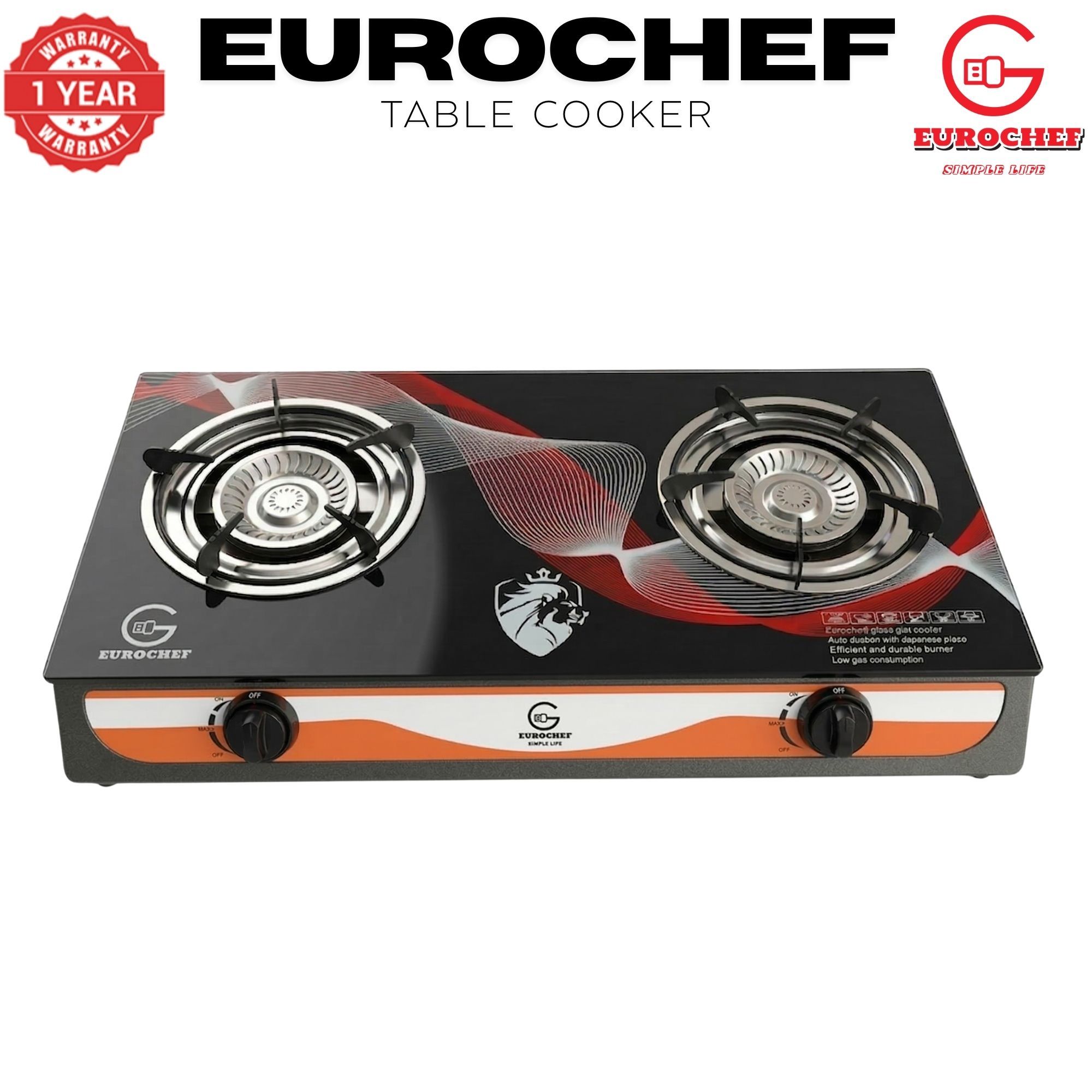 【Limited Offer】EUROCHEF ST-B002L Tornado Design Burner Two Burner Glass Top Table Gas Cooker -BLACK