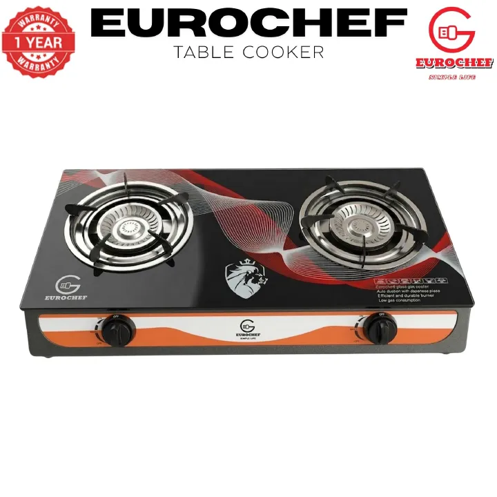 【Limited Offer】EUROCHEF ST-B002L Tornado Design Burner Two Burner Glass Top Table Gas Cooker -BLACK
