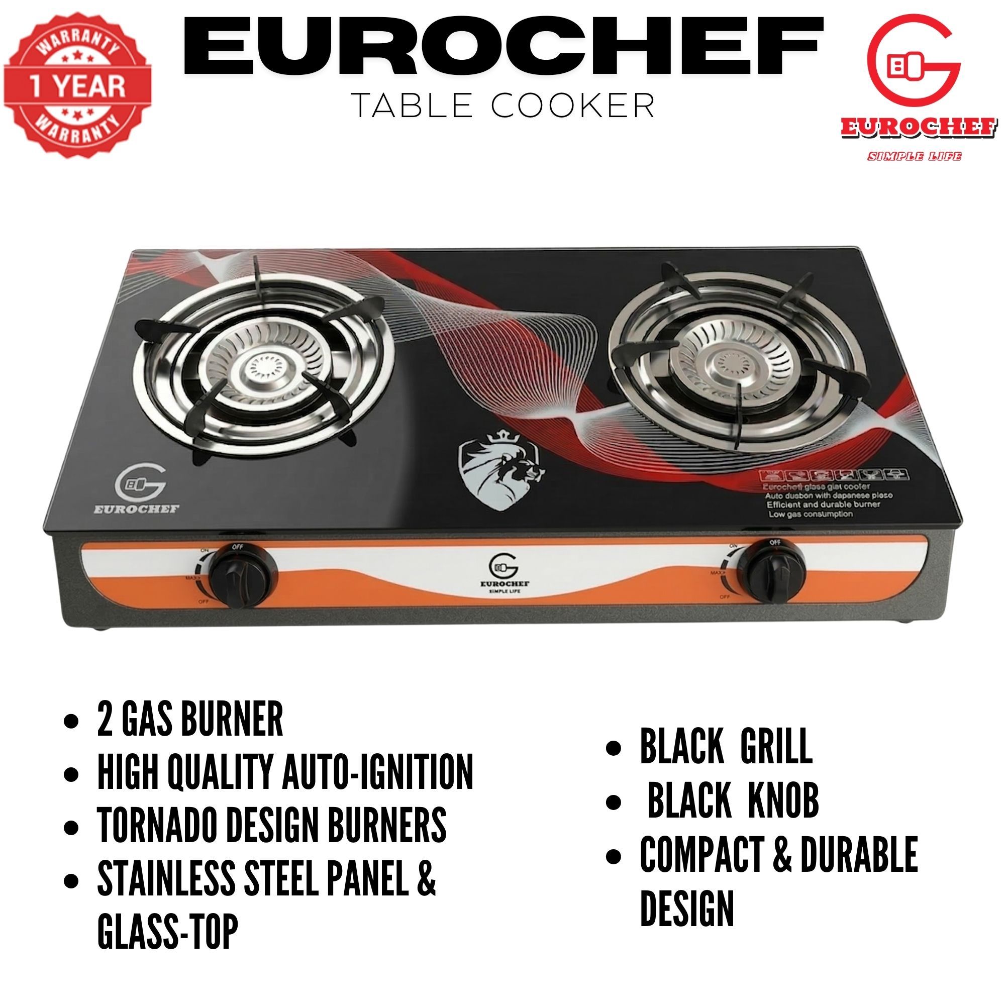 【Limited Offer】EUROCHEF ST-B002L Tornado Design Burner Two Burner Glass Top Table Gas Cooker -BLACK