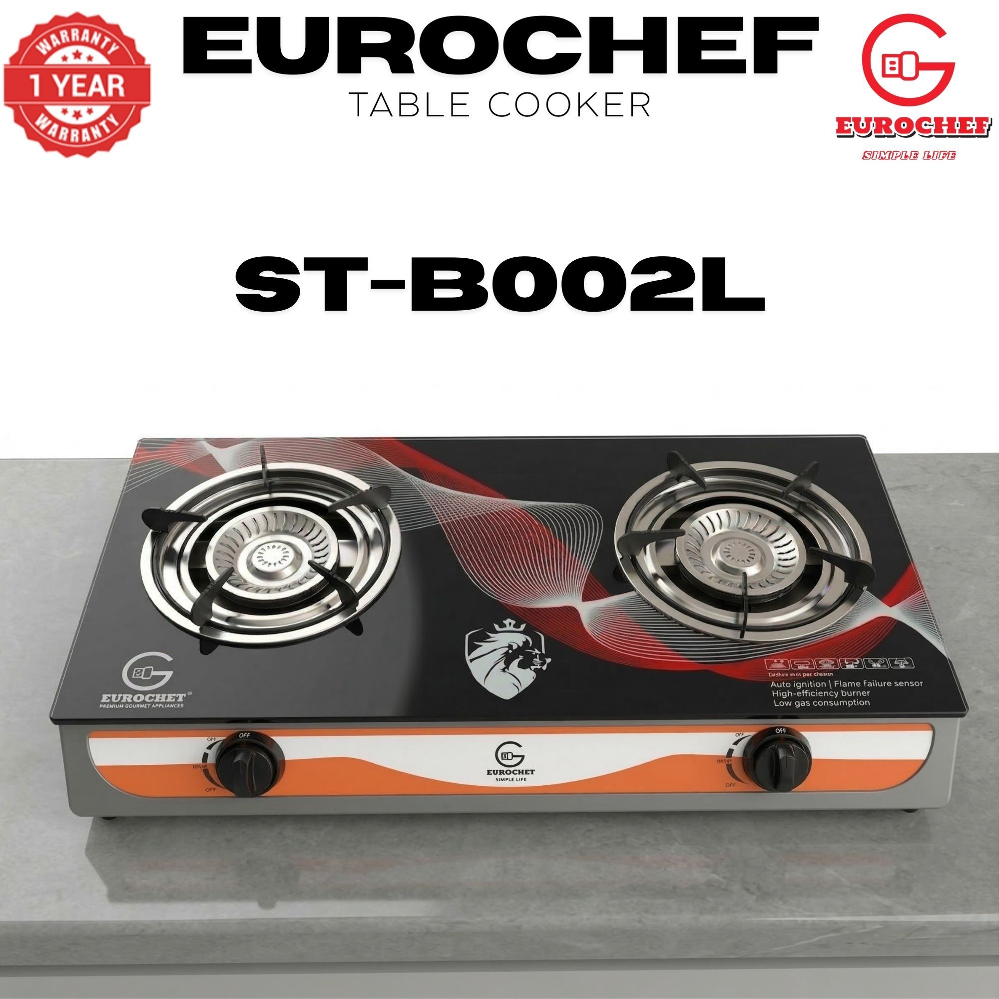 【Limited Offer】EUROCHEF ST-B002L Tornado Design Burner Two Burner Glass Top Table Gas Cooker -BLACK
