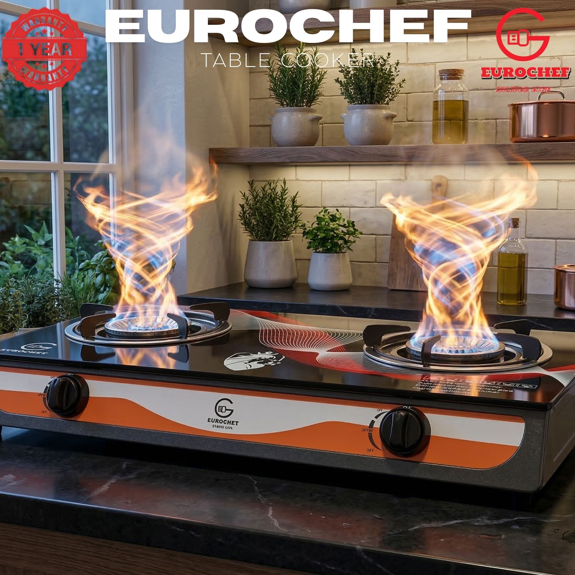 【Limited Offer】EUROCHEF ST-B002L Tornado Design Burner Two Burner Glass Top Table Gas Cooker -BLACK