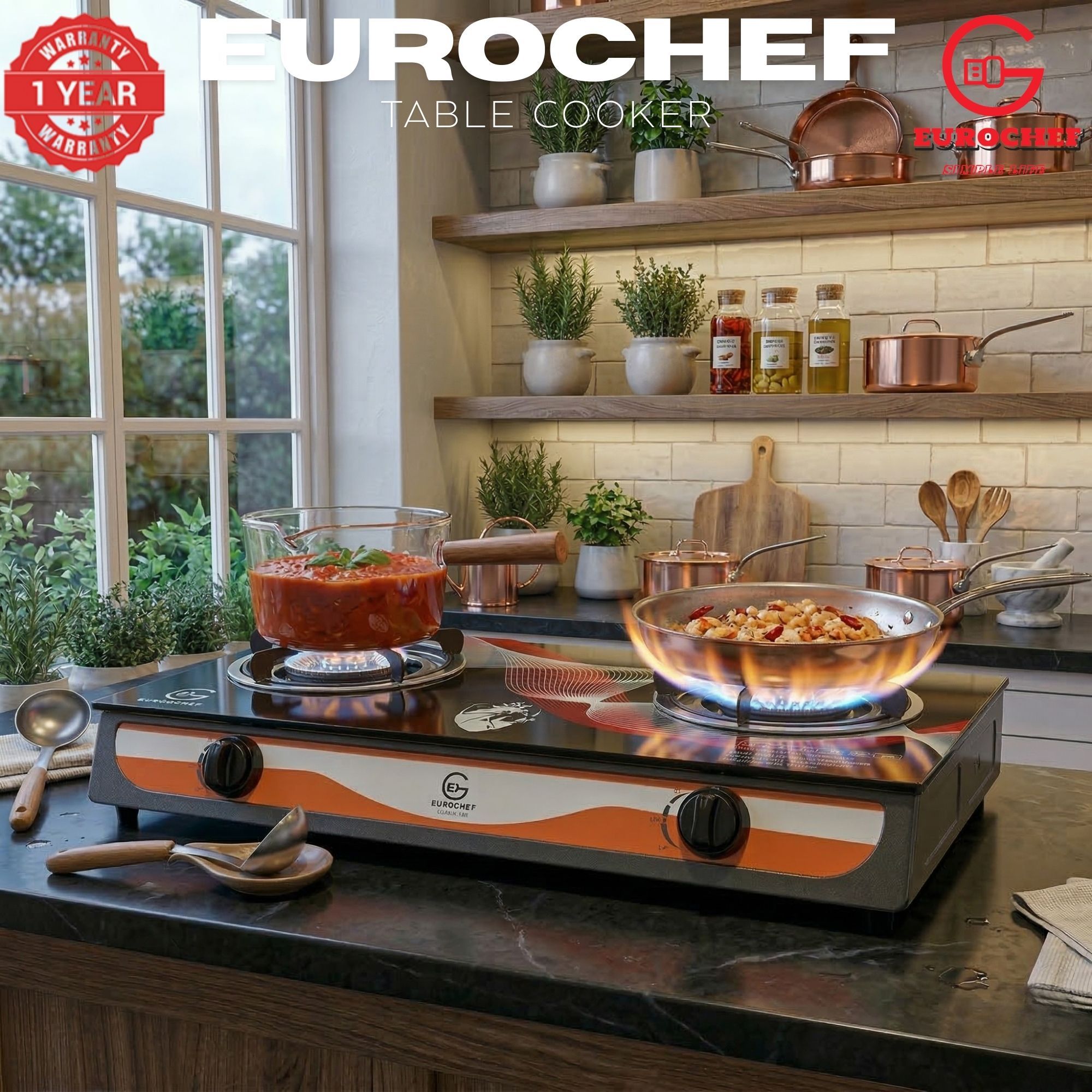 【Limited Offer】EUROCHEF ST-B002L Tornado Design Burner Two Burner Glass Top Table Gas Cooker -BLACK