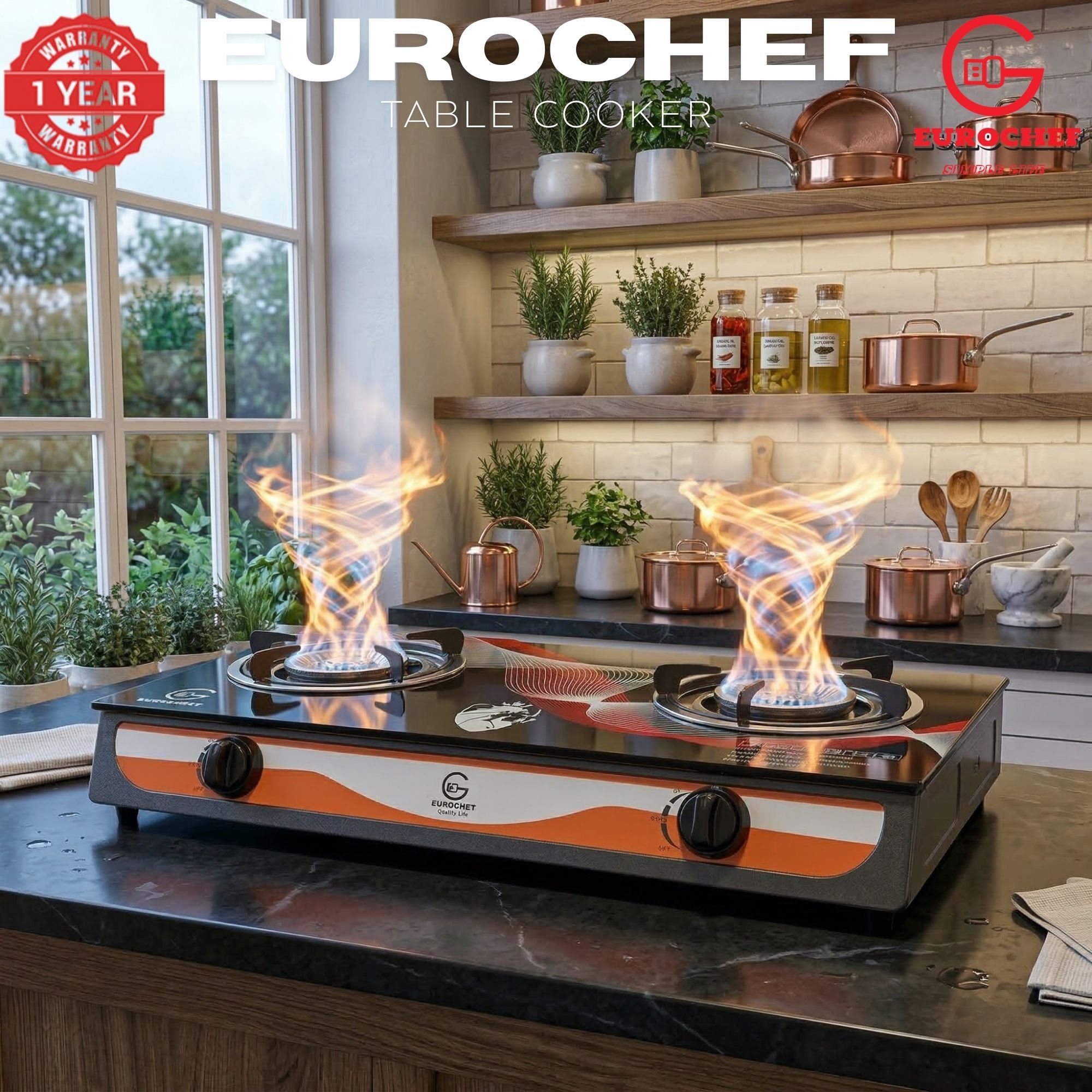 【Limited Offer】EUROCHEF ST-B002L Tornado Design Burner Two Burner Glass Top Table Gas Cooker -BLACK