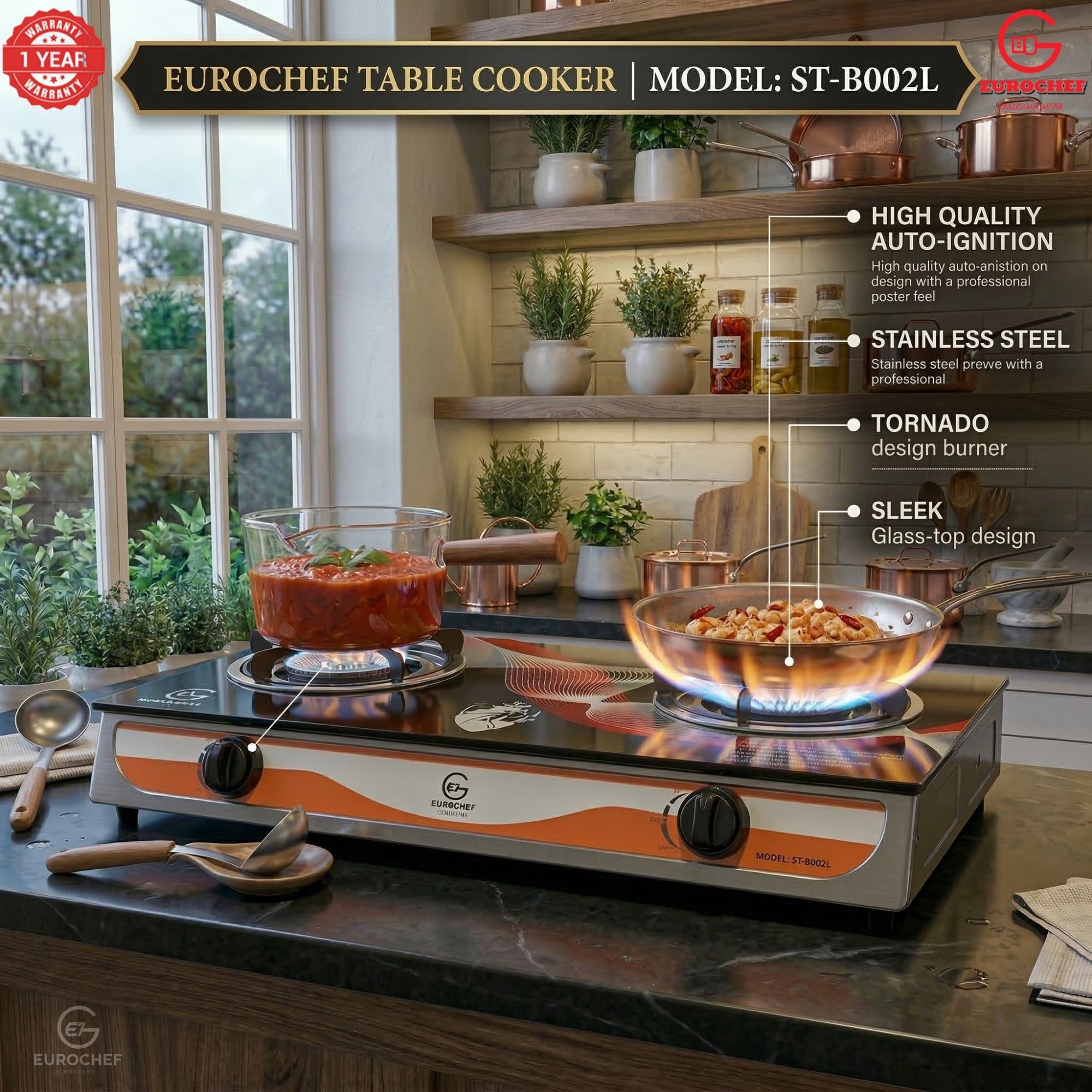 【Limited Offer】EUROCHEF ST-B002L Tornado Design Burner Two Burner Glass Top Table Gas Cooker -BLACK