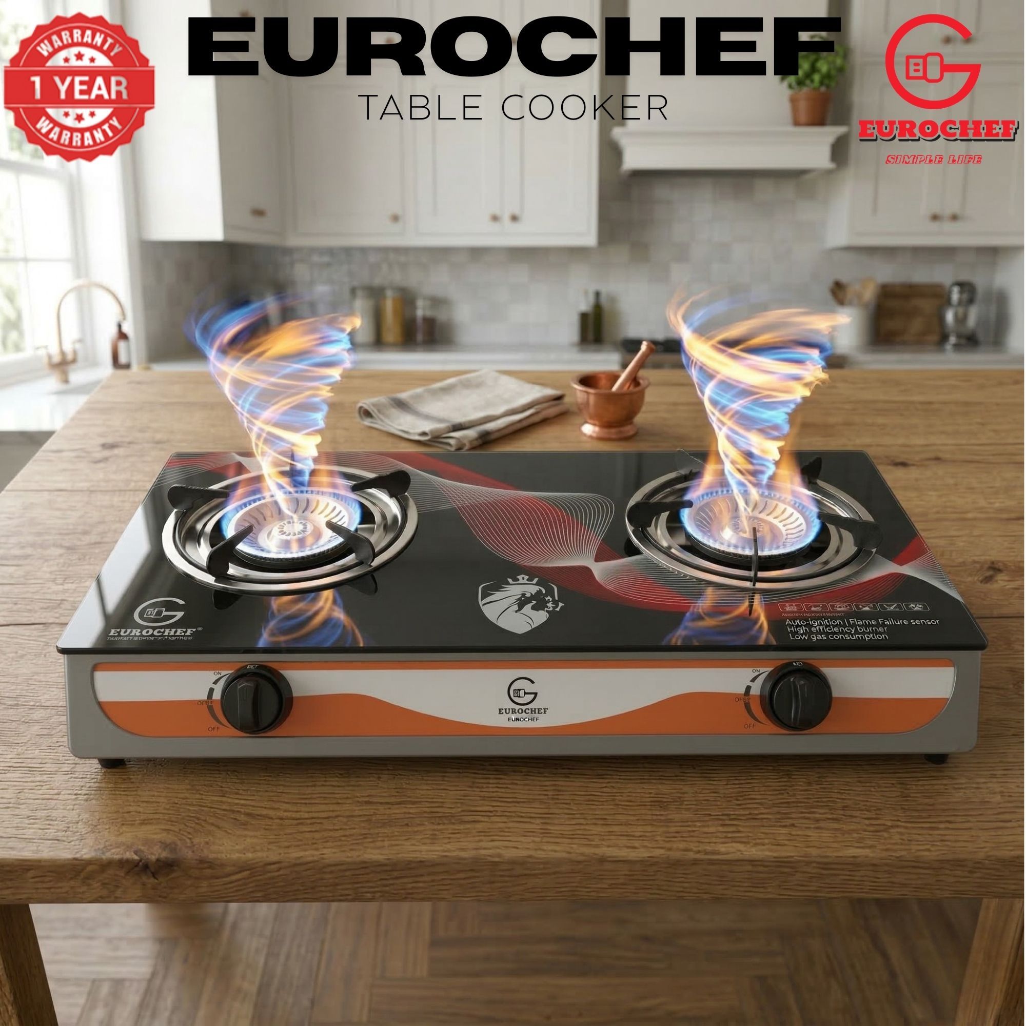 【Limited Offer】EUROCHEF ST-B002L Tornado Design Burner Two Burner Glass Top Table Gas Cooker -BLACK