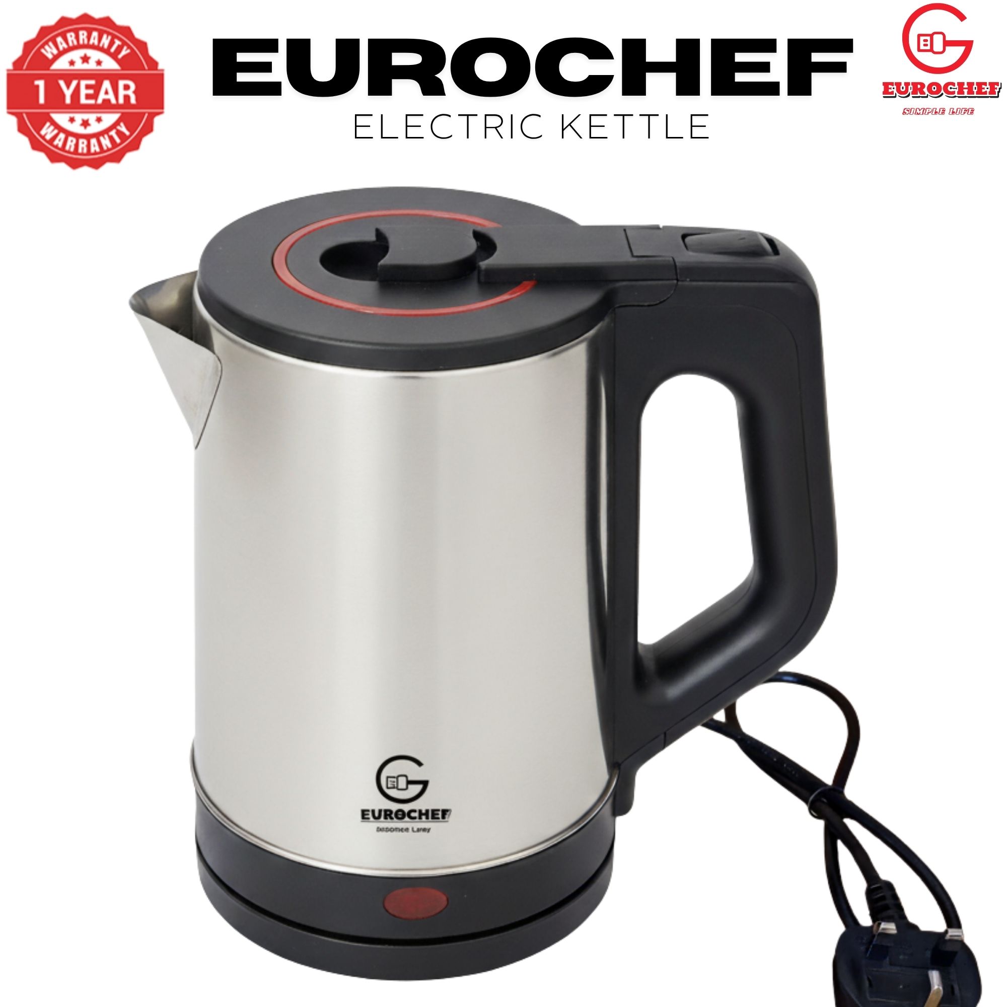 【Limited Offer】 EUROCHEF EC-K12  2 L Stainless steel Electric Cordless Kettle Electric Jug for boiling water Kitchen Appliaance