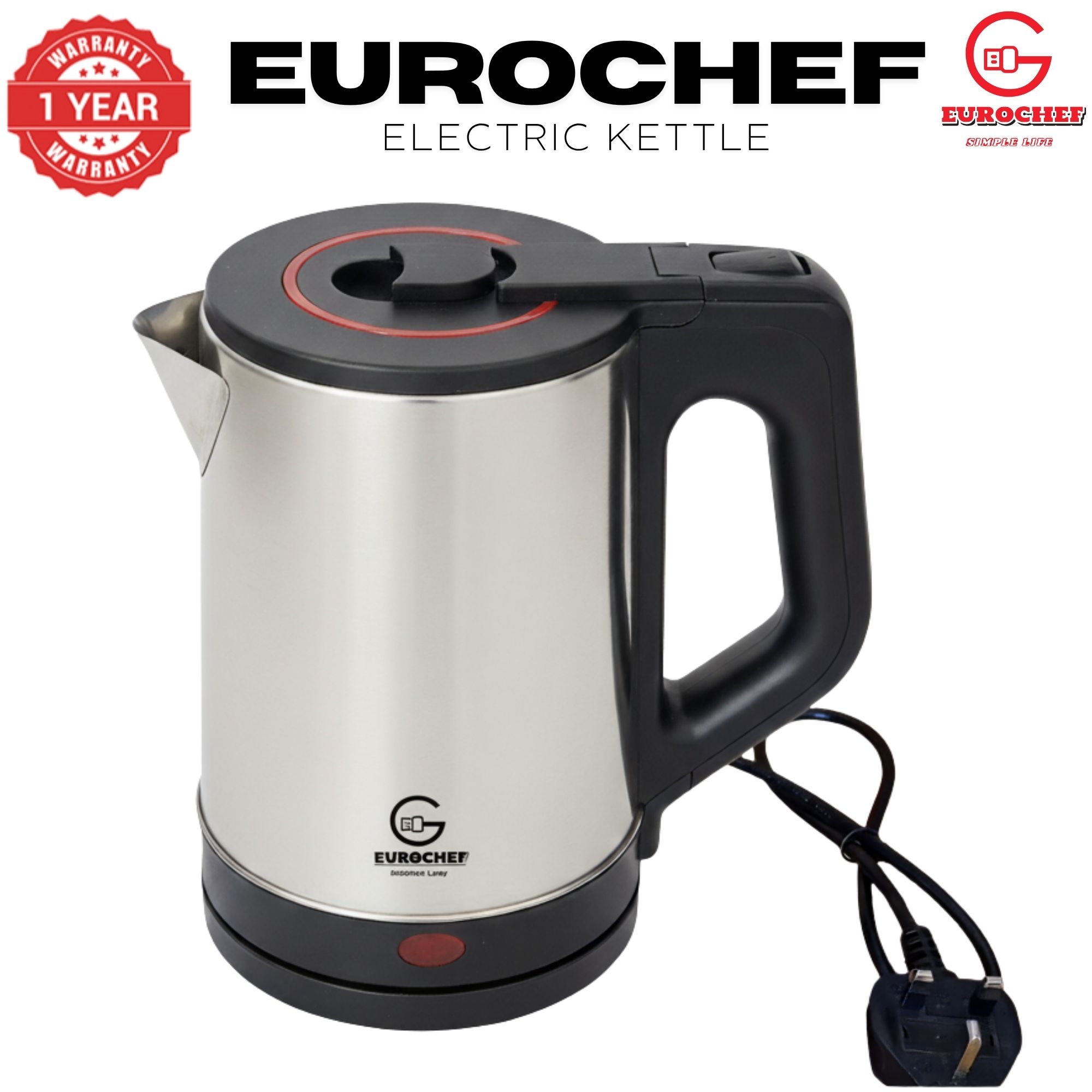 【Limited Offer】 EUROCHEF EC-K12  2 L Stainless steel Electric Cordless Kettle Electric Jug for boiling water Kitchen Appliaance