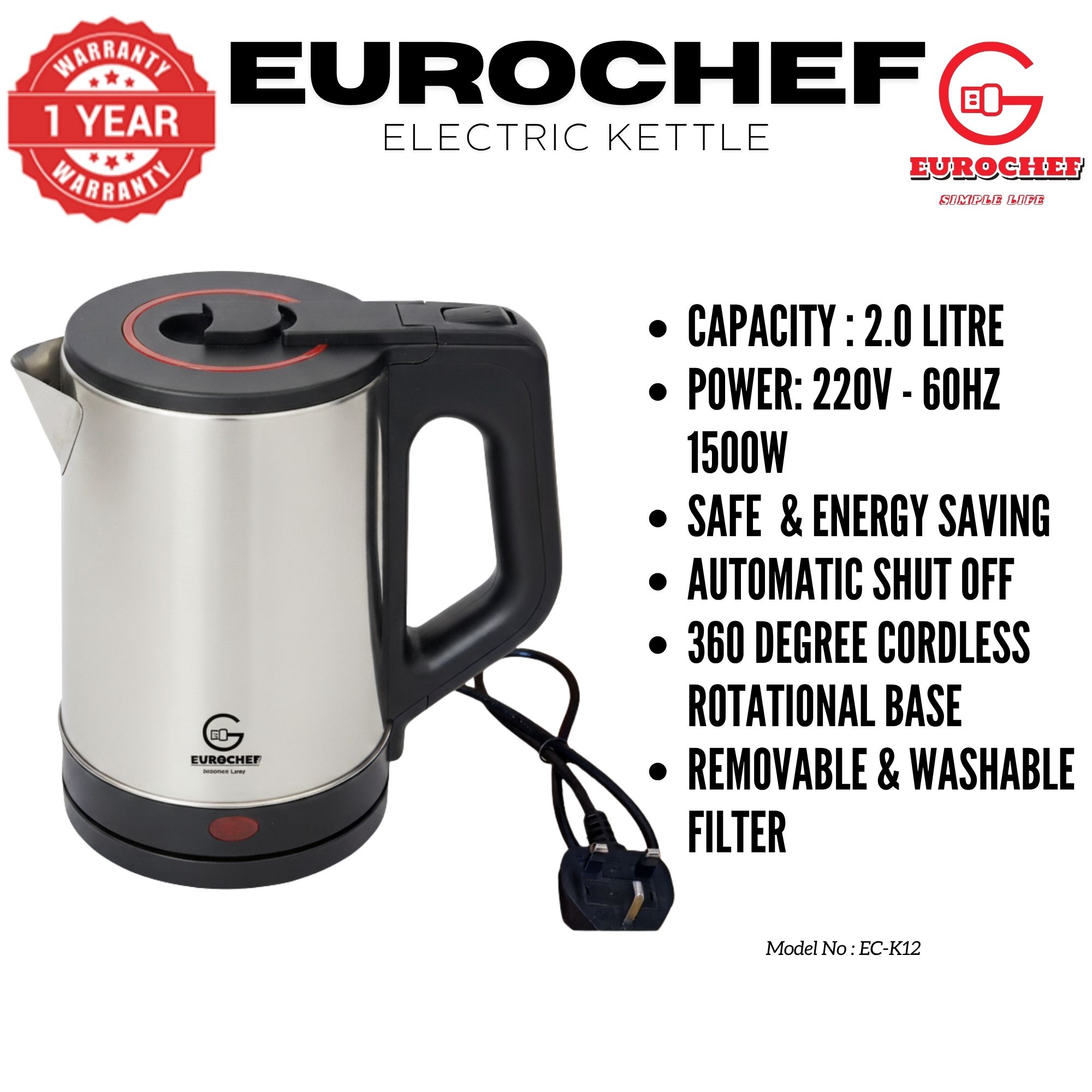【Limited Offer】 EUROCHEF EC-K12  2 L Stainless steel Electric Cordless Kettle Electric Jug for boiling water Kitchen Appliaance