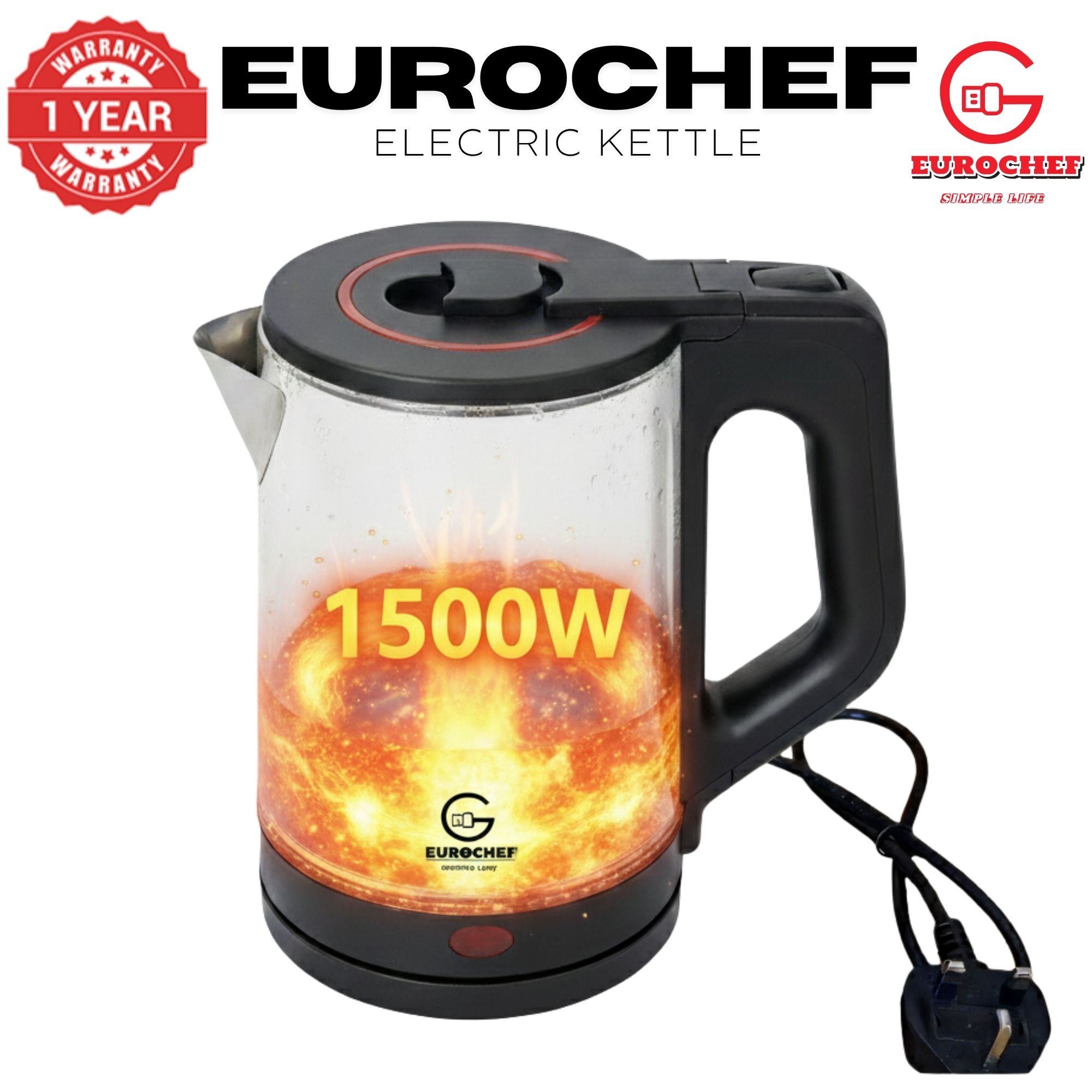 【Limited Offer】 EUROCHEF EC-K12  2 L Stainless steel Electric Cordless Kettle Electric Jug for boiling water Kitchen Appliaance