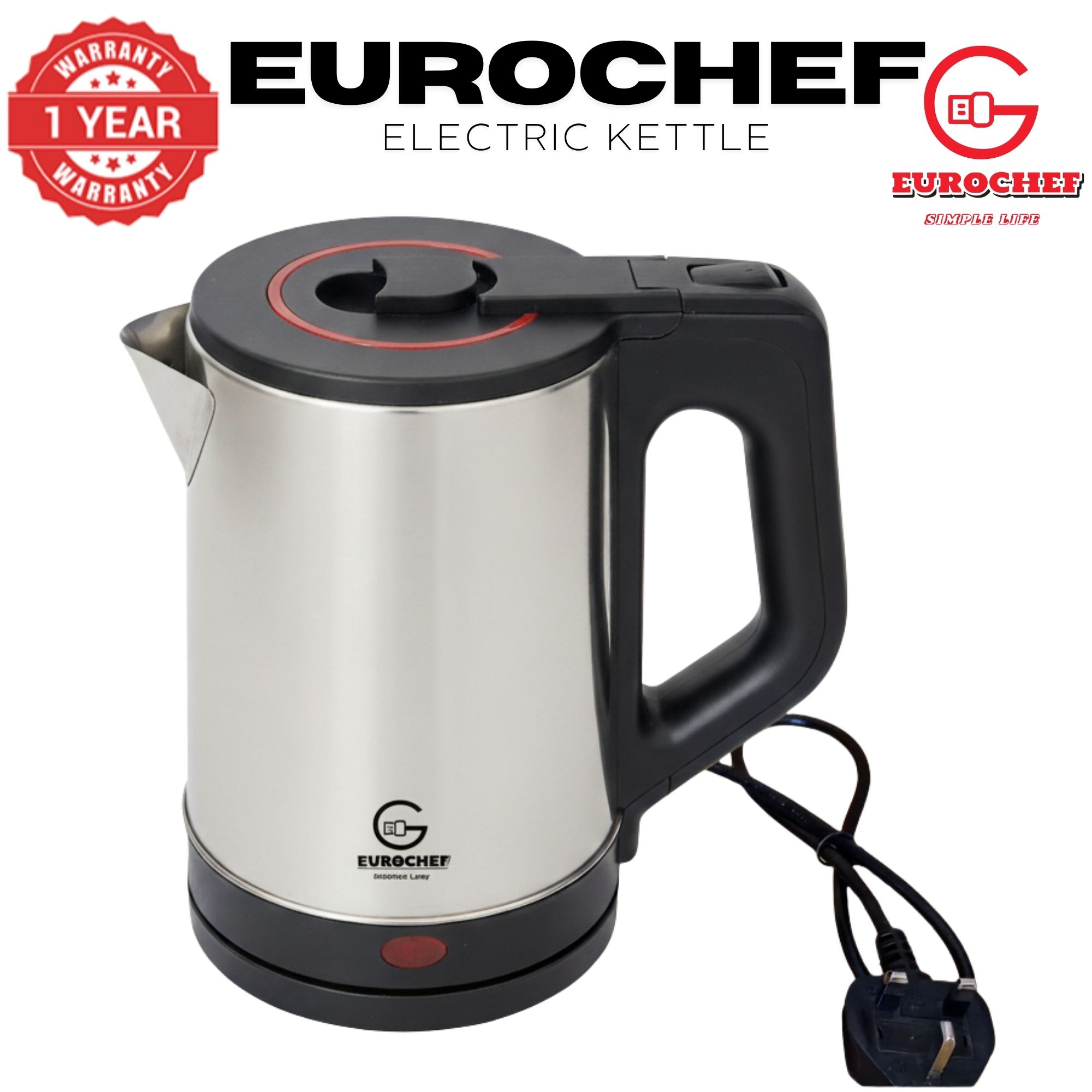 【Limited Offer】 EUROCHEF EC-K12  2 L Stainless steel Electric Cordless Kettle Electric Jug for boiling water Kitchen Appliaance